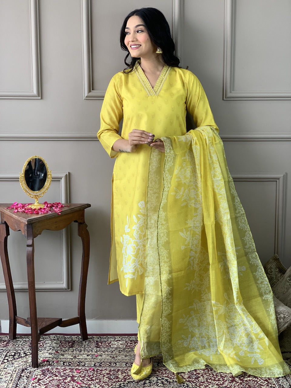 Yellow Muslin Printed Party Casual Ready Pant Salwar Kameez