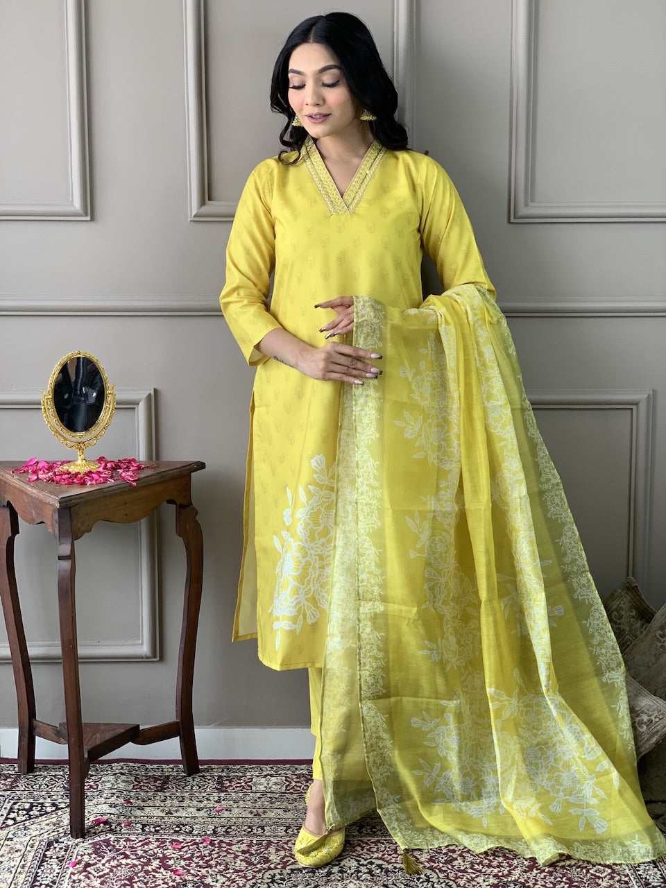Yellow Muslin Printed Party Casual Ready Pant Salwar Kameez