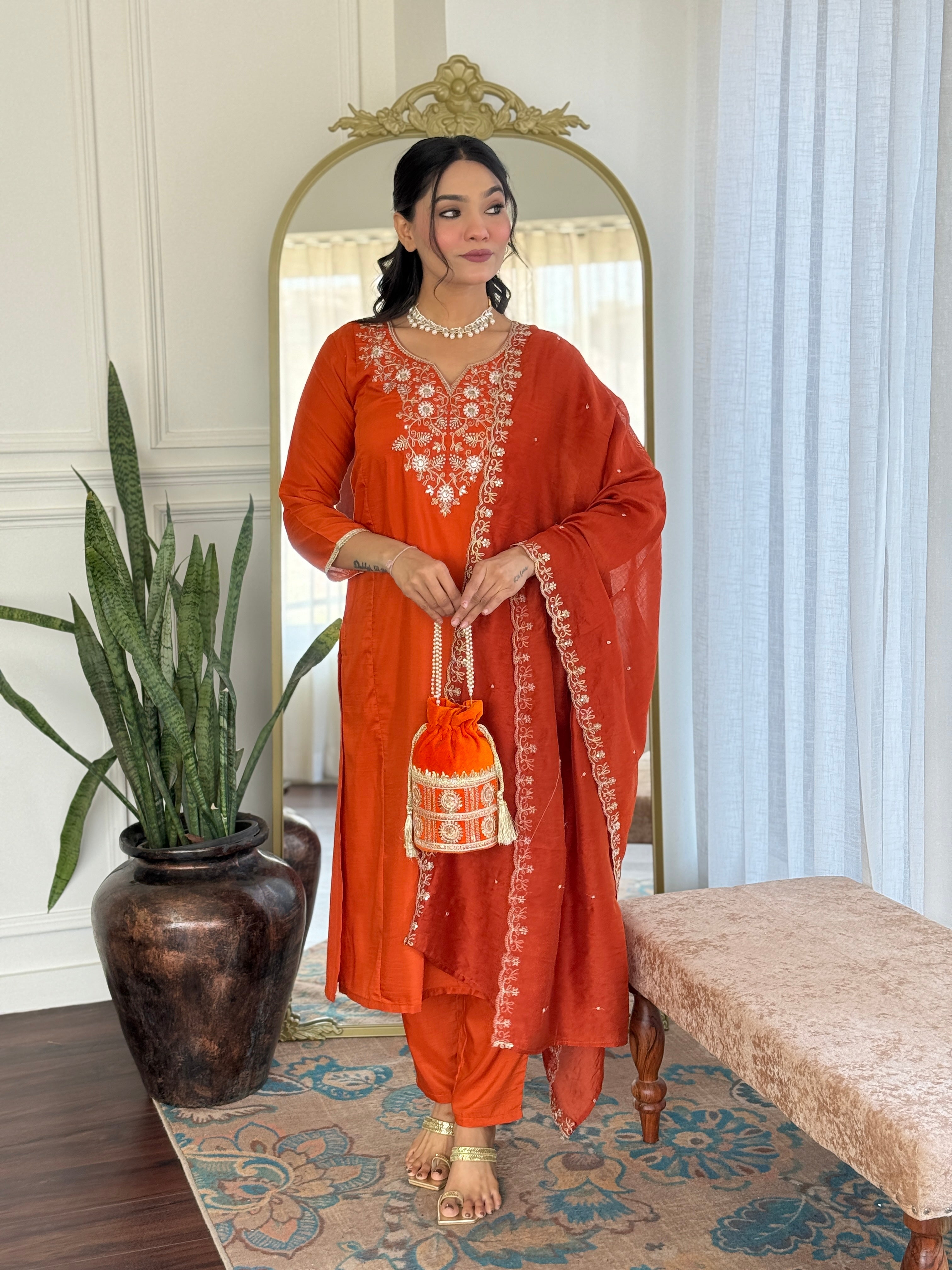 Women's Orange Embroidered Viscose Chinon A-Line Kurta Pant With Dupatta Set