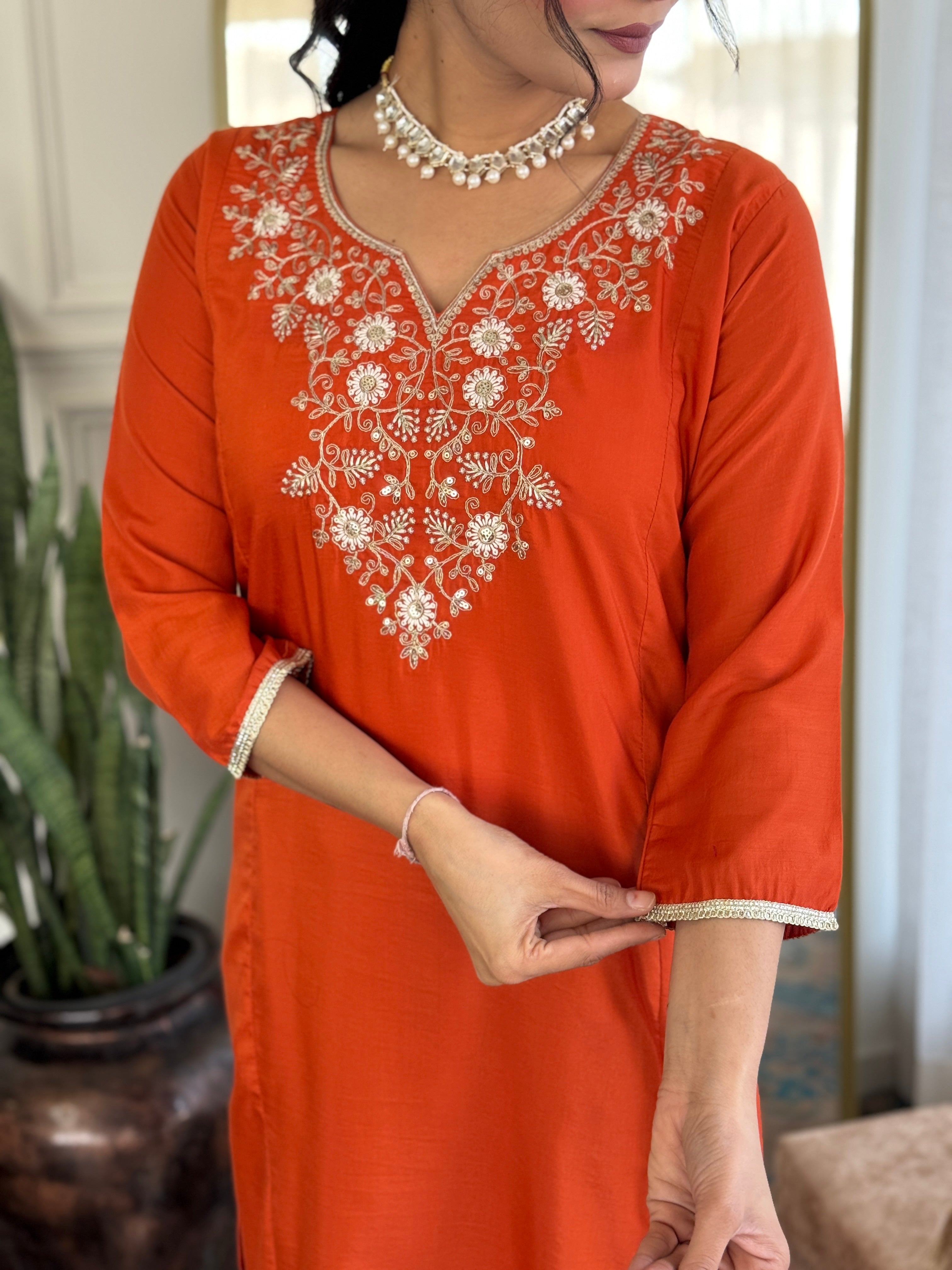Women's Orange Embroidered Viscose Chinon A-Line Kurta Pant With Dupatta Set