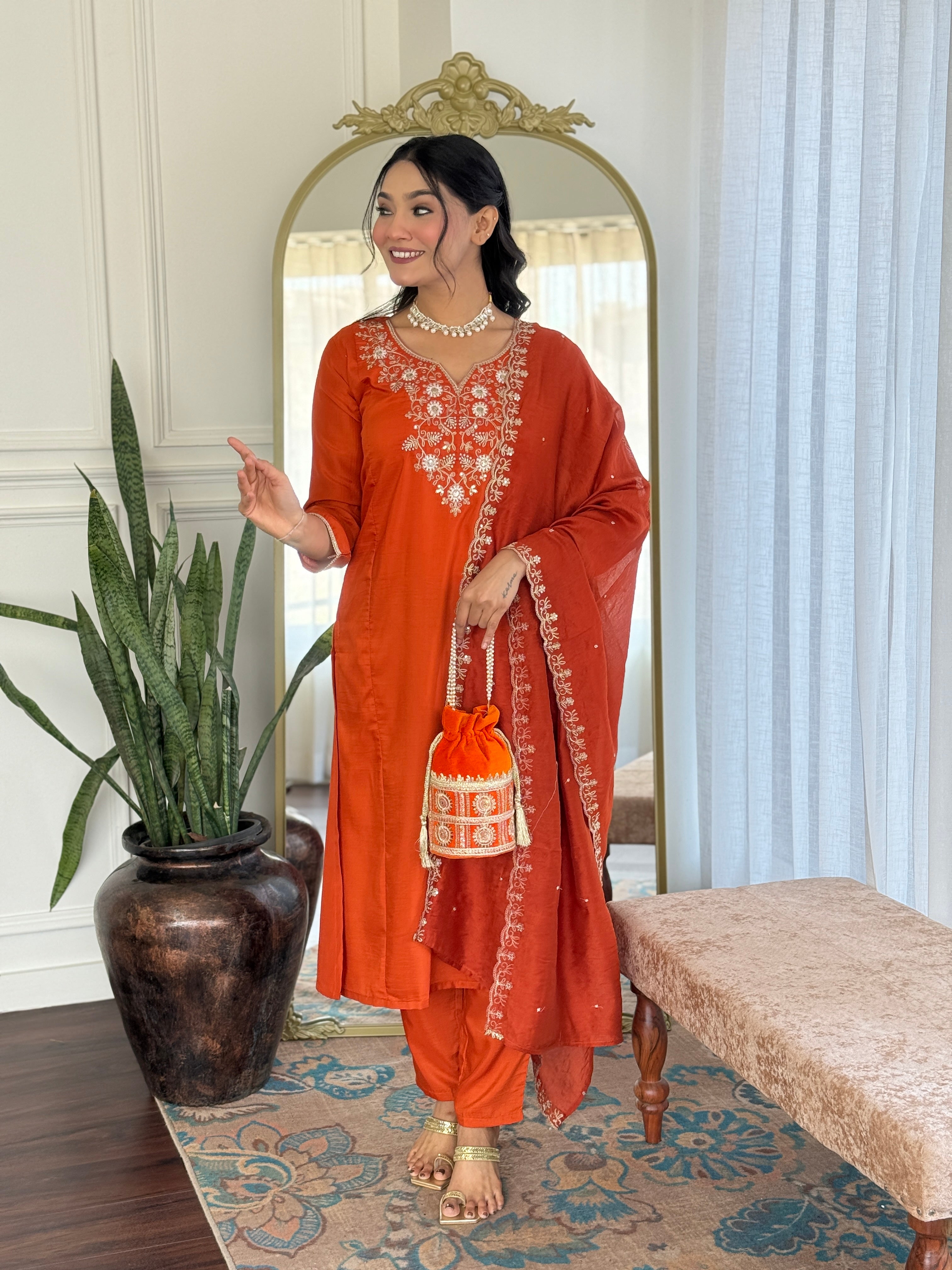 Women's Orange Embroidered Viscose Chinon A-Line Kurta Pant With Dupatta Set