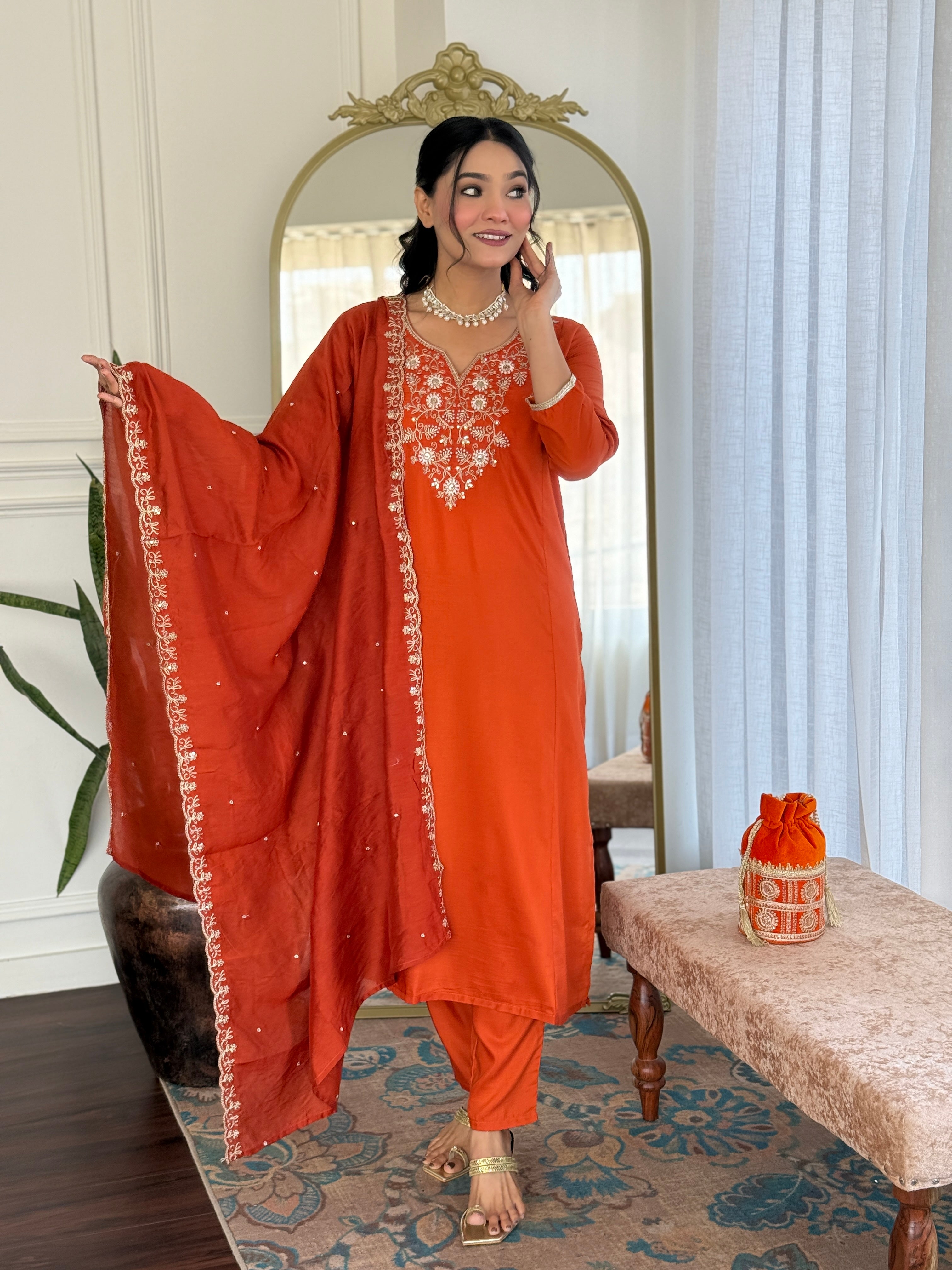 Women's Orange Embroidered Viscose Chinon A-Line Kurta Pant With Dupatta Set