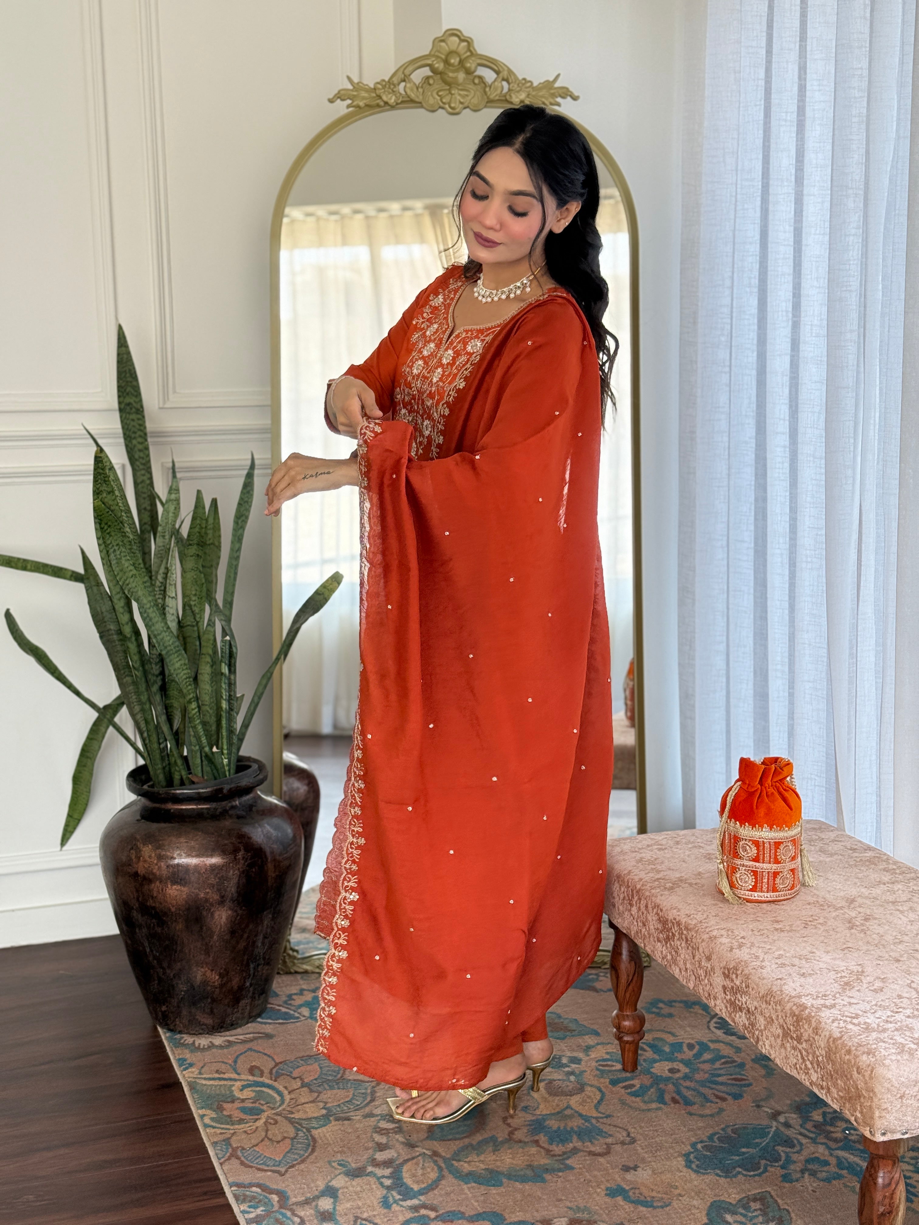 Women's Orange Embroidered Viscose Chinon A-Line Kurta Pant With Dupatta Set