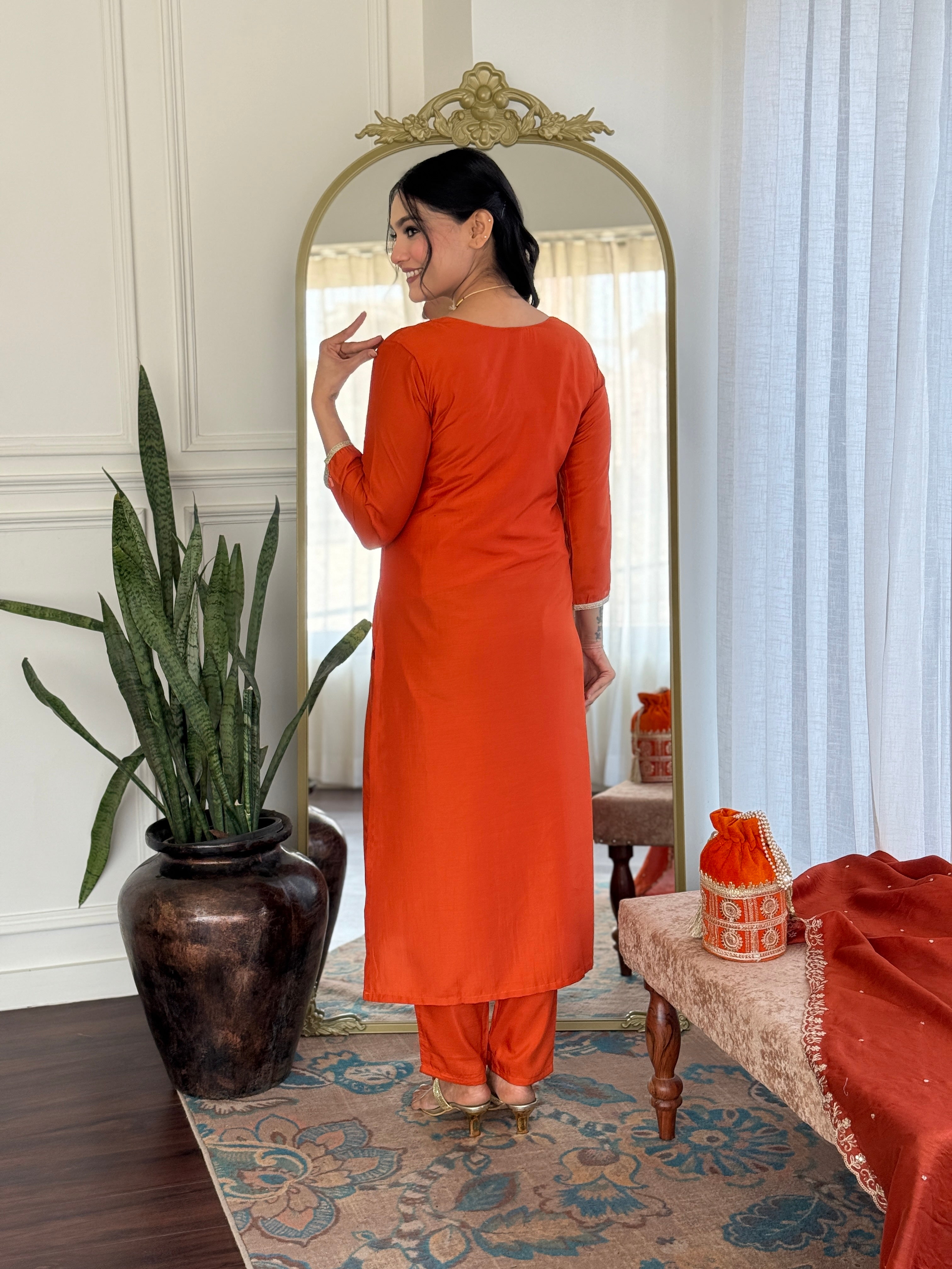 Women's Orange Embroidered Viscose Chinon A-Line Kurta Pant With Dupatta Set