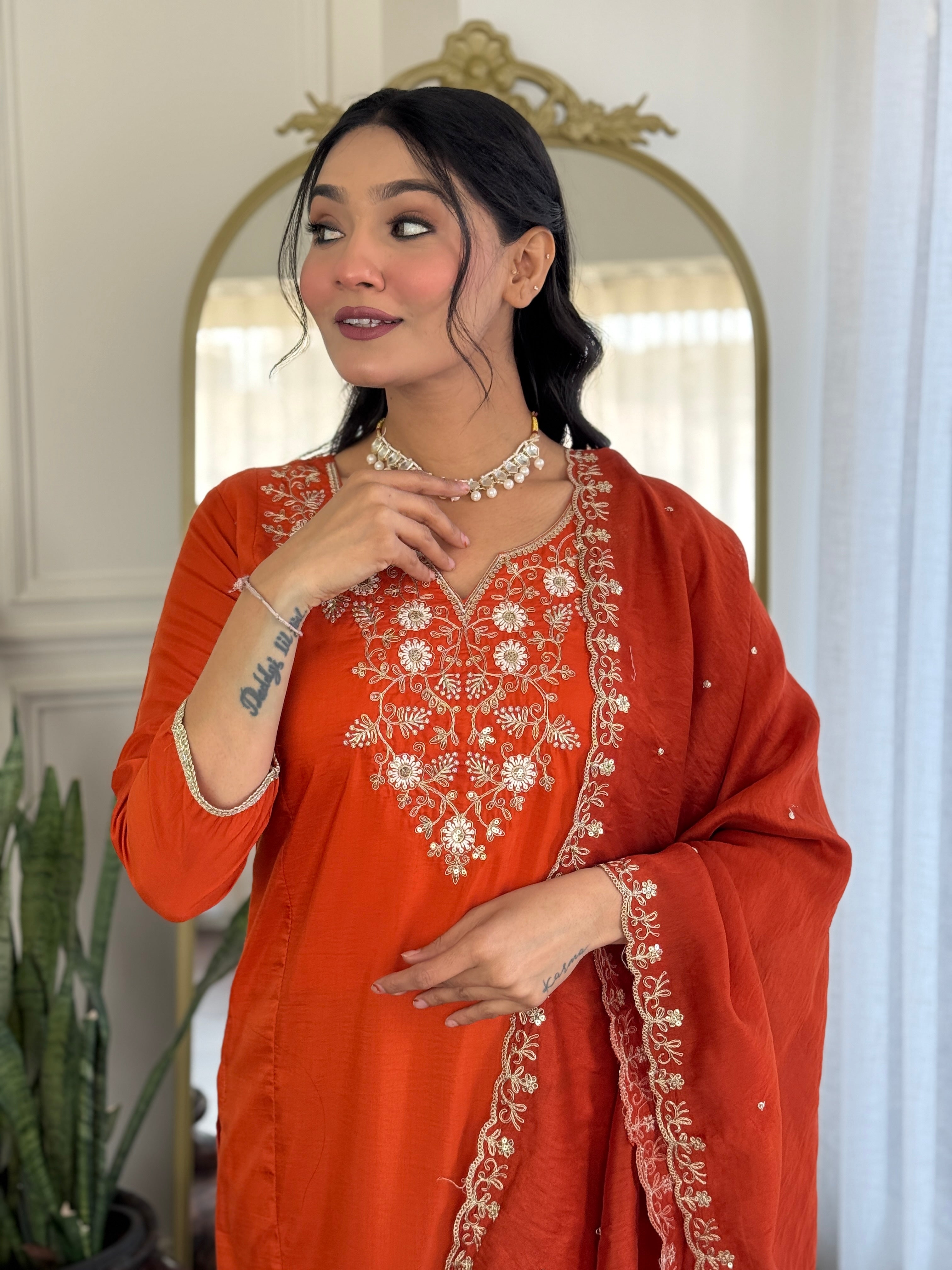 Women's Orange Embroidered Viscose Chinon A-Line Kurta Pant With Dupatta Set