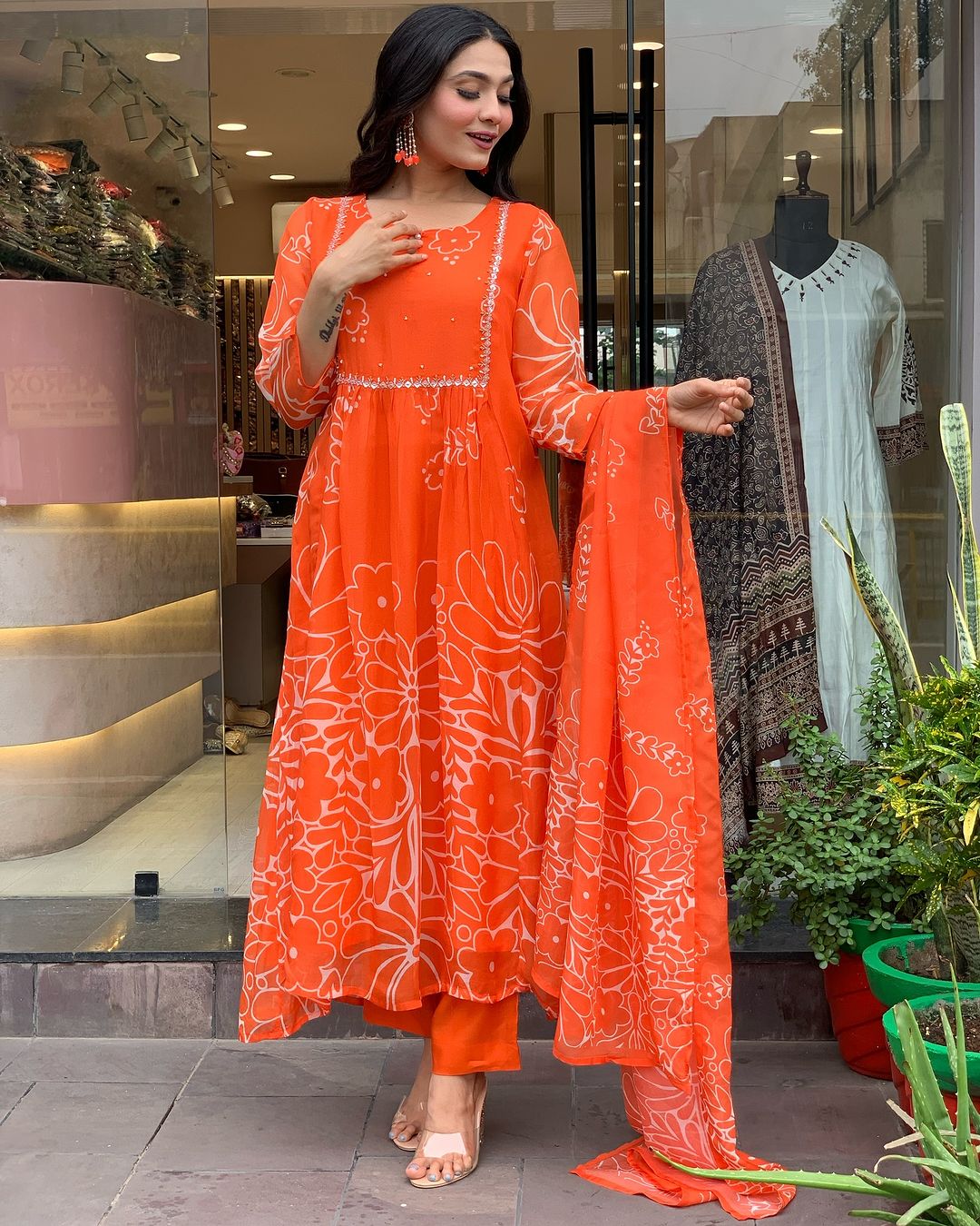 Women's Georgette Embroidered Flared Kurta with Viscose Gadhval Pant and Georgette Printed Dupatta Set