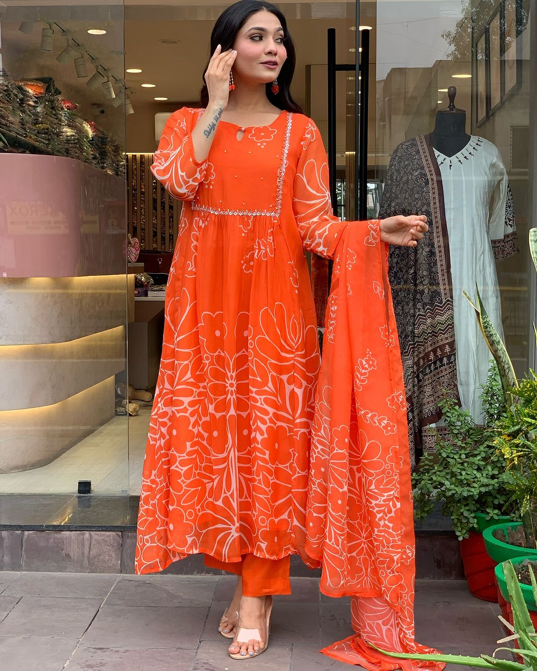 Women's Georgette Embroidered Flared Kurta with Viscose Gadhval Pant and Georgette Printed Dupatta Set