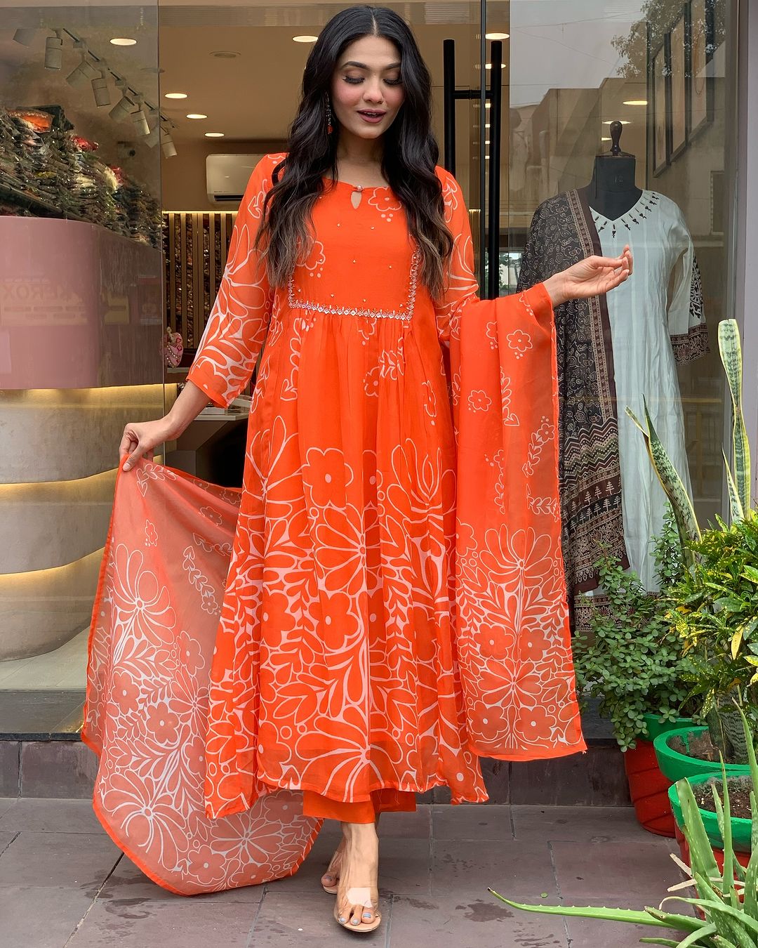 Women's Georgette Embroidered Flared Kurta with Viscose Gadhval Pant and Georgette Printed Dupatta Set