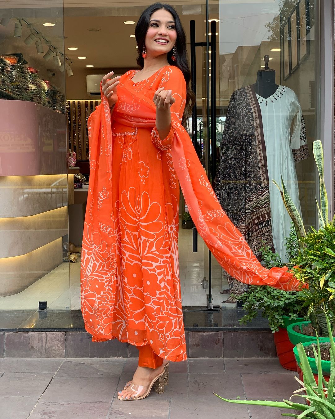 Women's Georgette Embroidered Flared Kurta with Viscose Gadhval Pant and Georgette Printed Dupatta Set