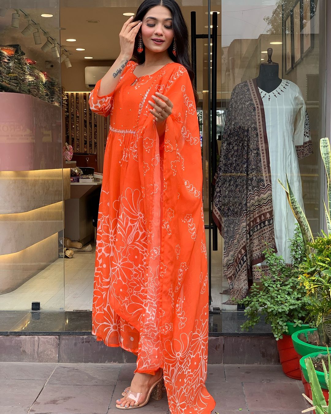 Women's Georgette Embroidered Flared Kurta with Viscose Gadhval Pant and Georgette Printed Dupatta Set