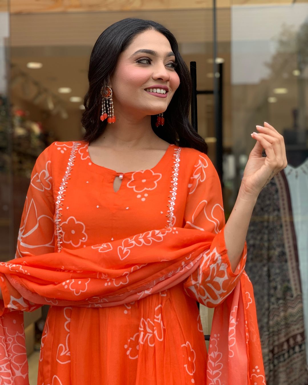 Women's Georgette Embroidered Flared Kurta with Viscose Gadhval Pant and Georgette Printed Dupatta Set