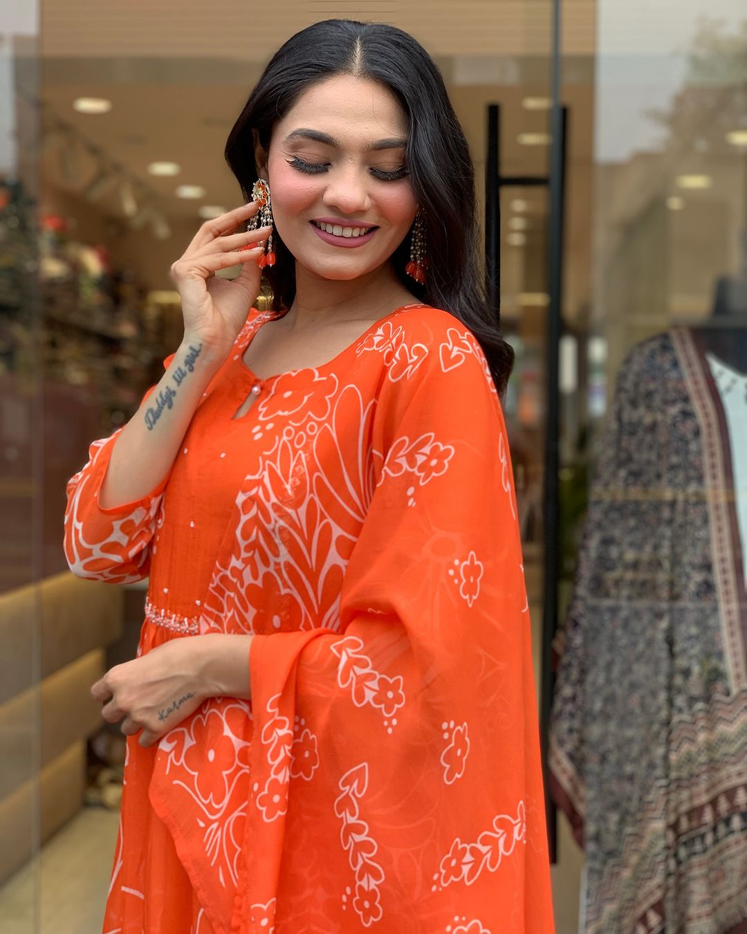 Women's Georgette Embroidered Flared Kurta with Viscose Gadhval Pant and Georgette Printed Dupatta Set