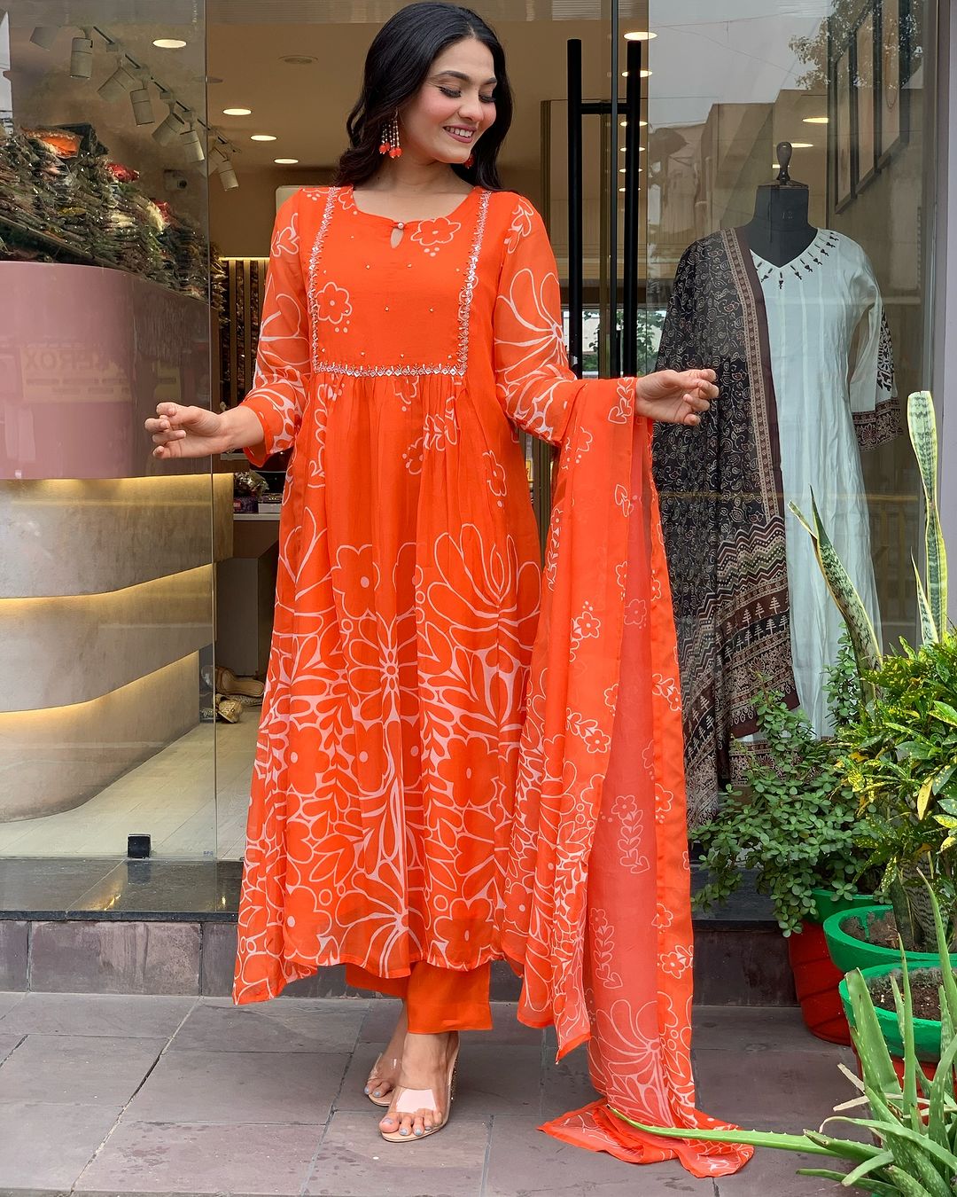 Women's Georgette Embroidered Flared Kurta with Viscose Gadhval Pant and Georgette Printed Dupatta Set