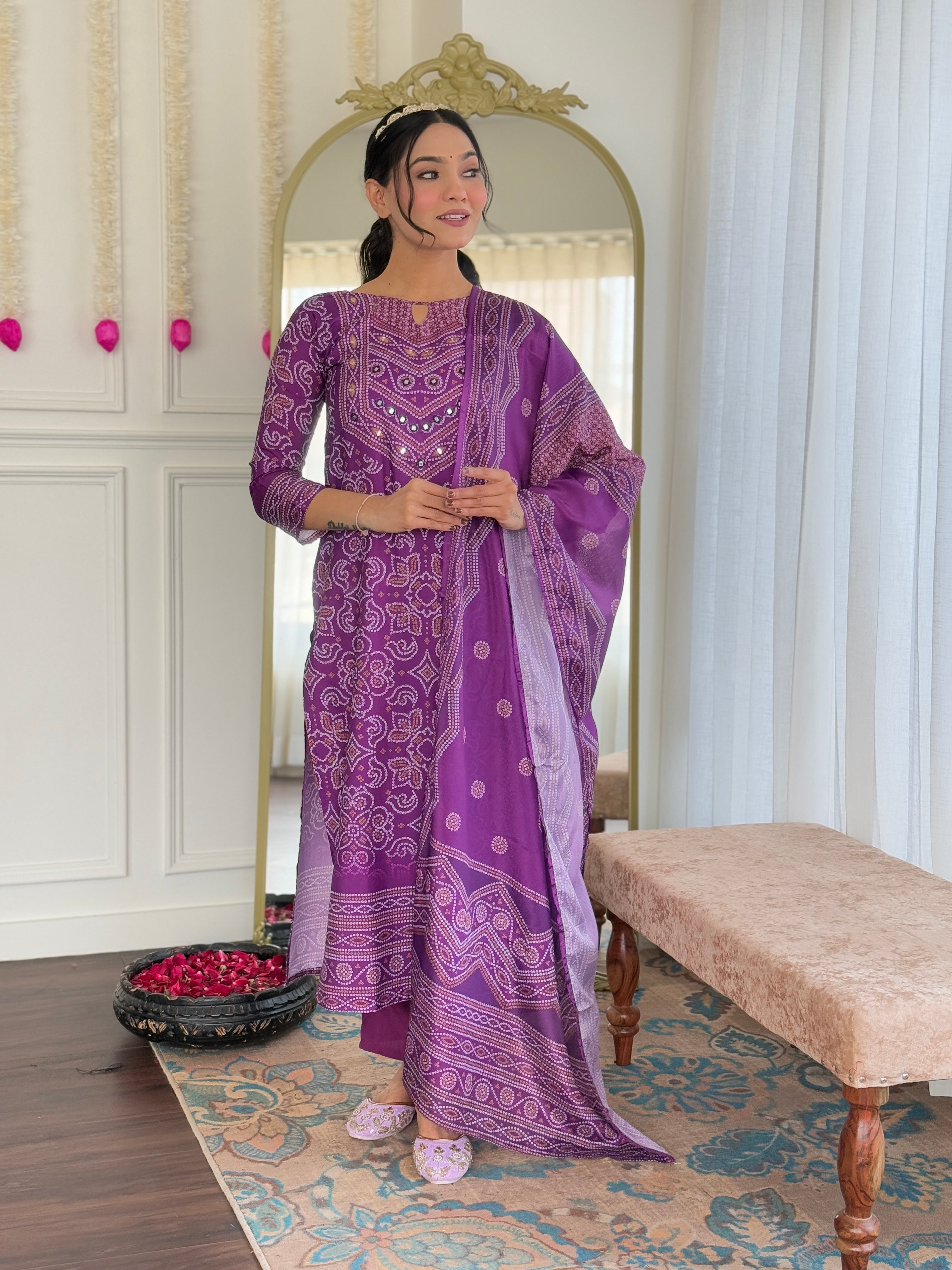 Women's Embroidered Franch Crepe Kurti With Pant & Chinon Dupatta Set