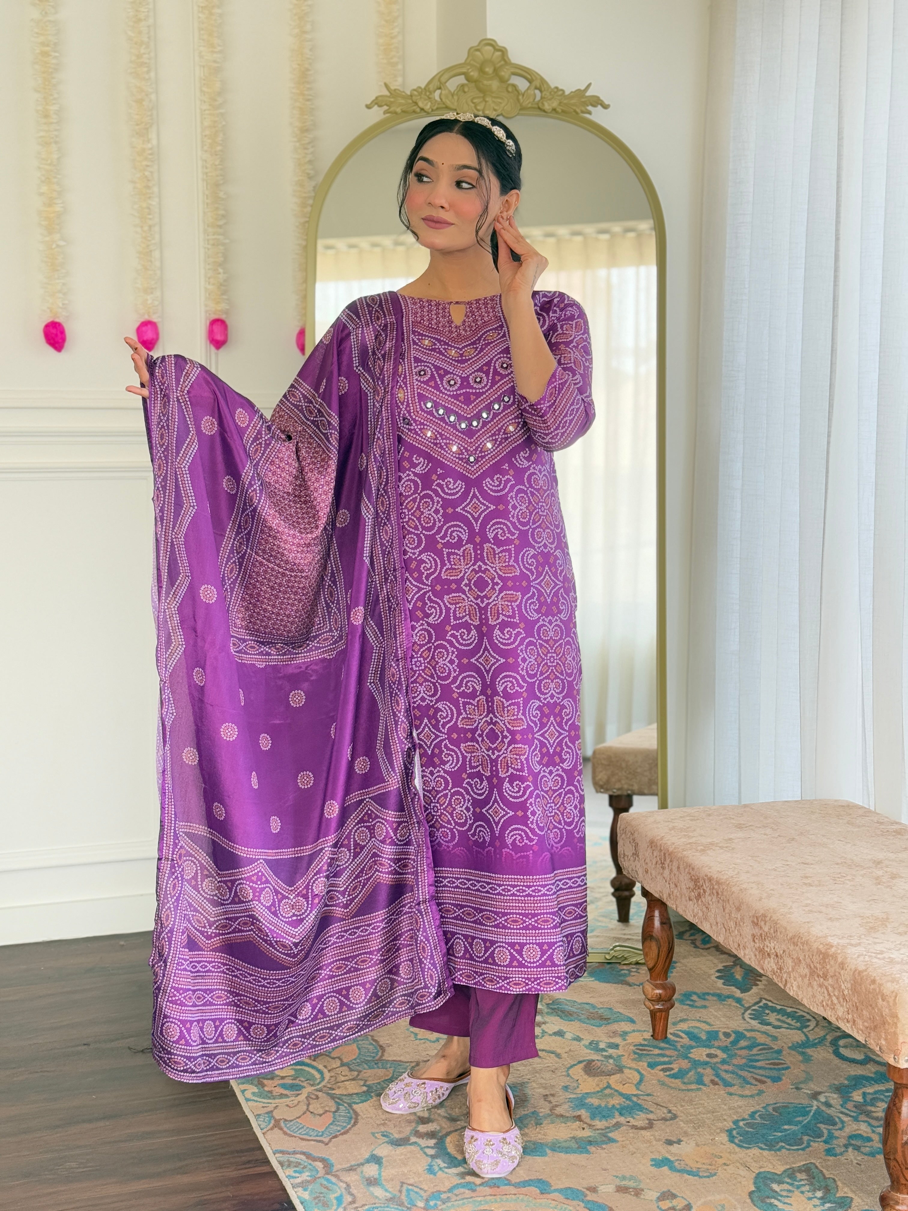 Women's Embroidered Franch Crepe Kurti With Pant & Chinon Dupatta Set