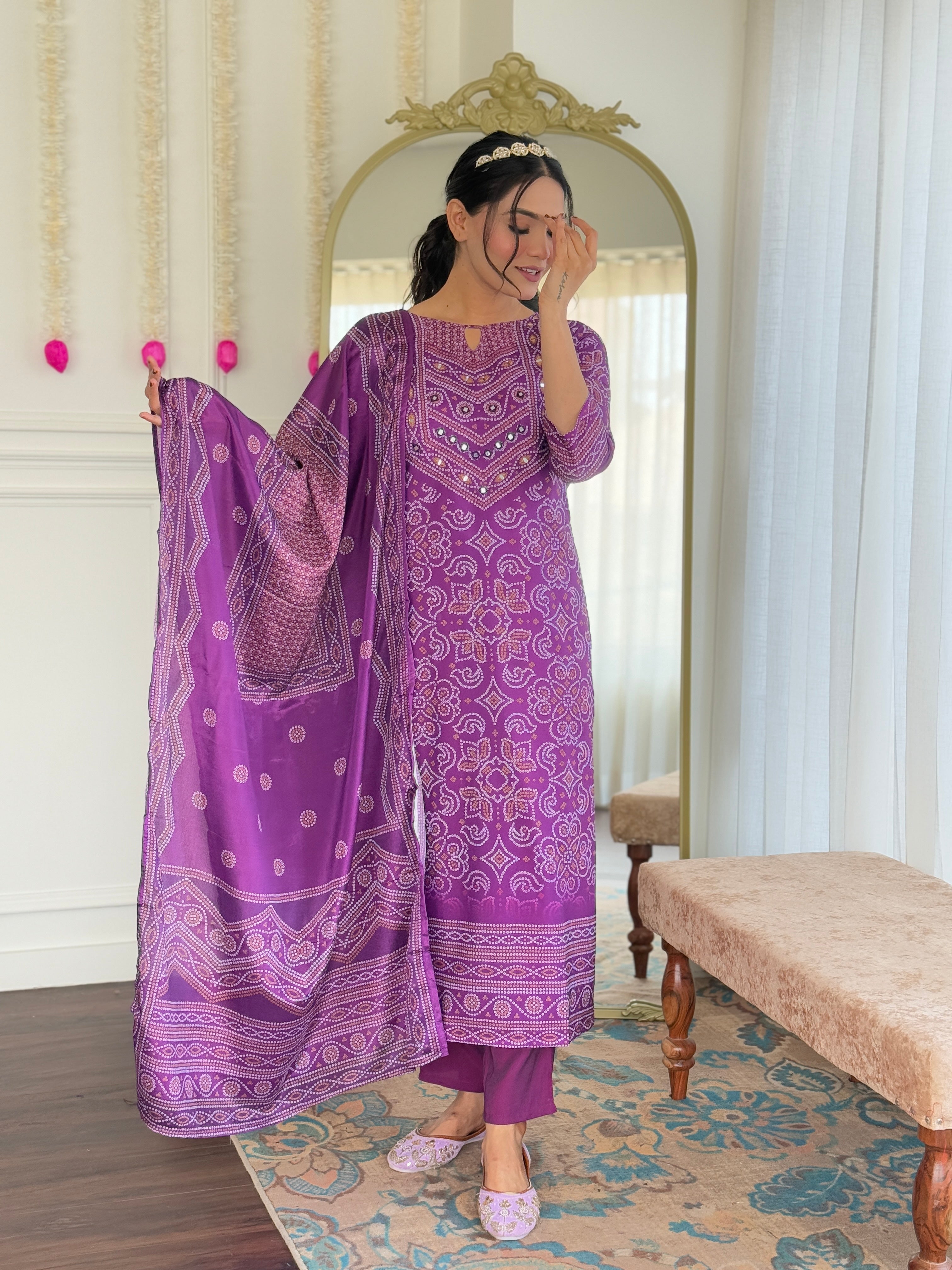 Women's Embroidered Franch Crepe Kurti With Pant & Chinon Dupatta Set