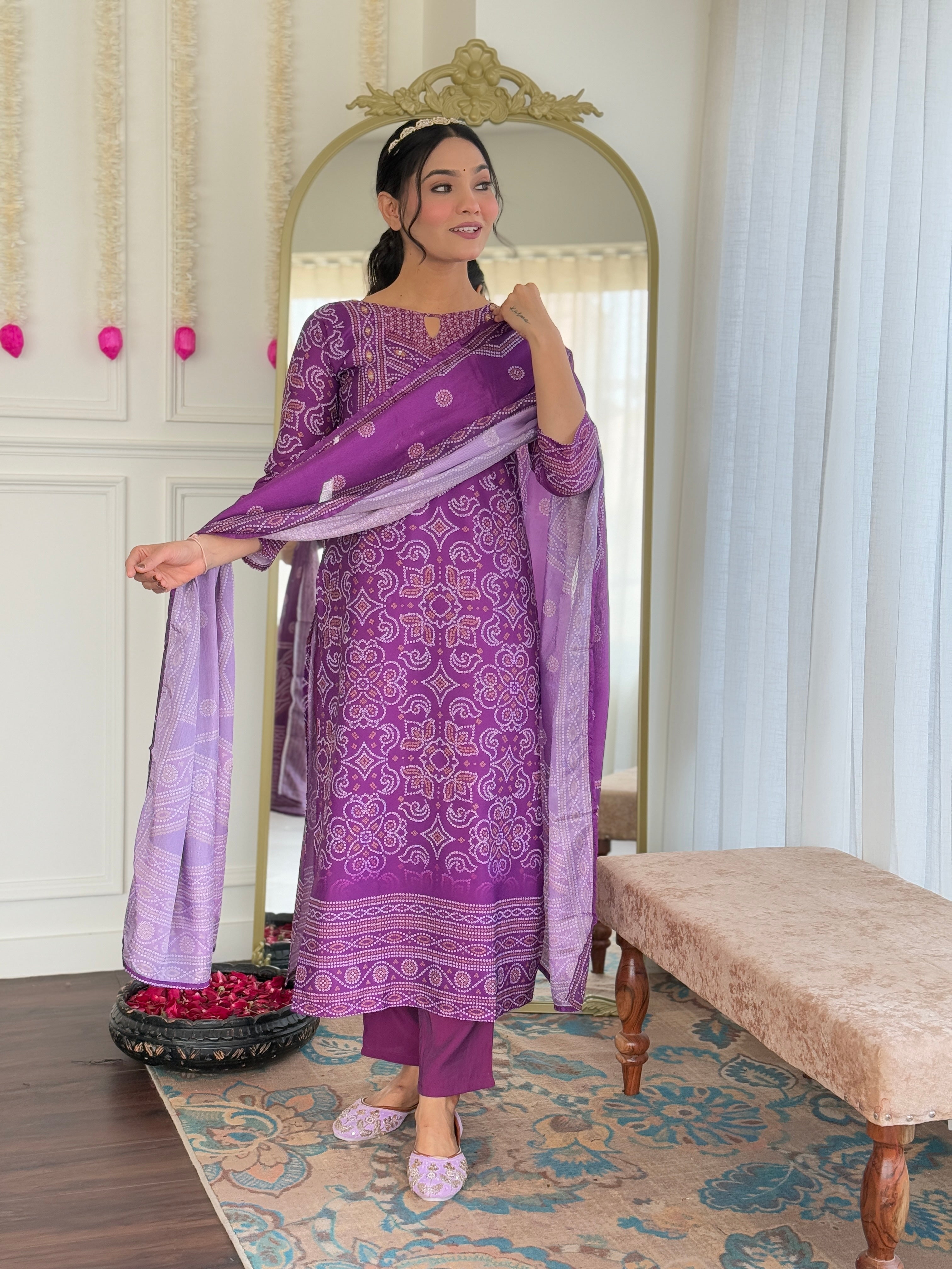 Women's Embroidered Franch Crepe Kurti With Pant & Chinon Dupatta Set