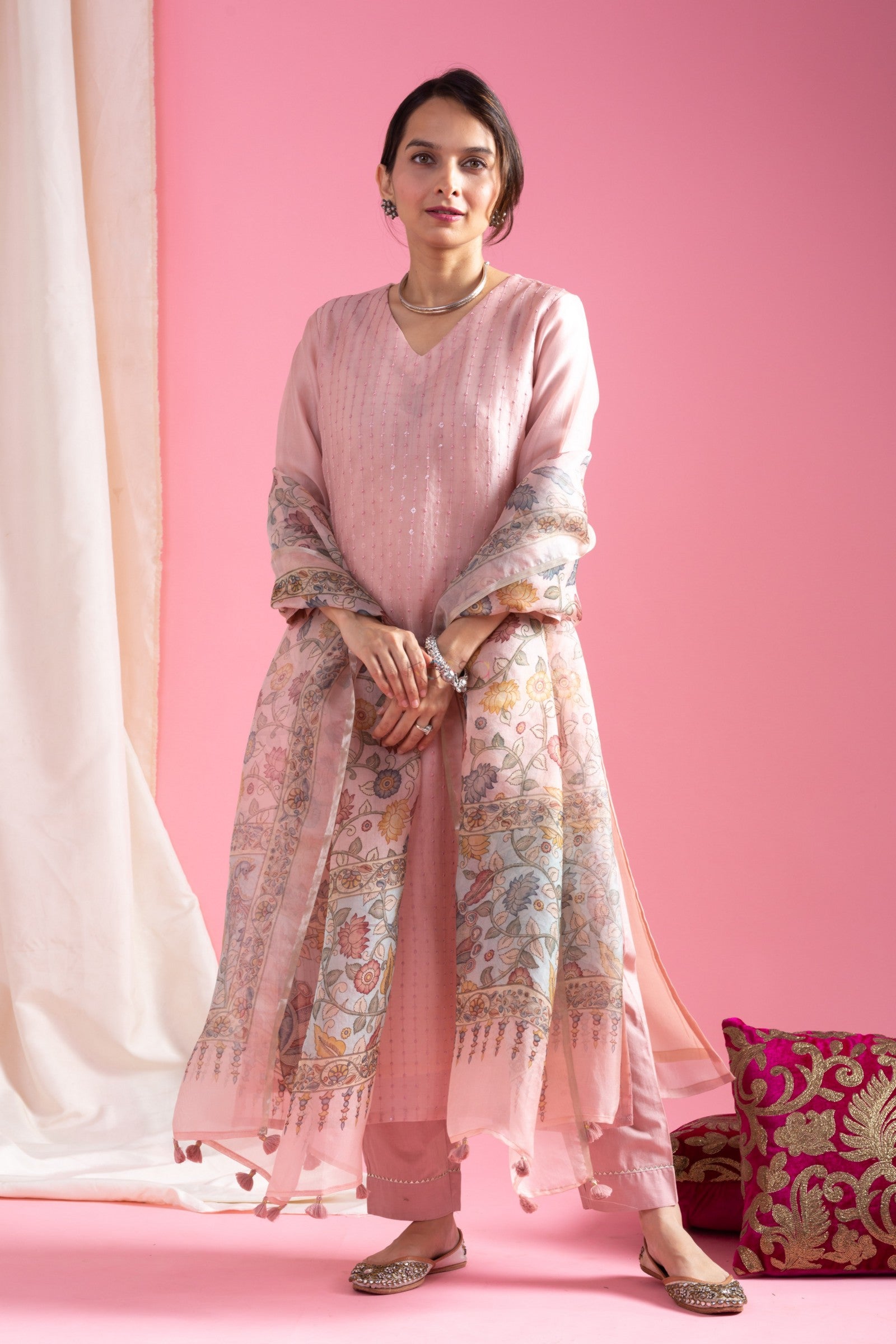 Pink Viscose Chanderi Printed Party Casual Ready Pant Salwar Kameez