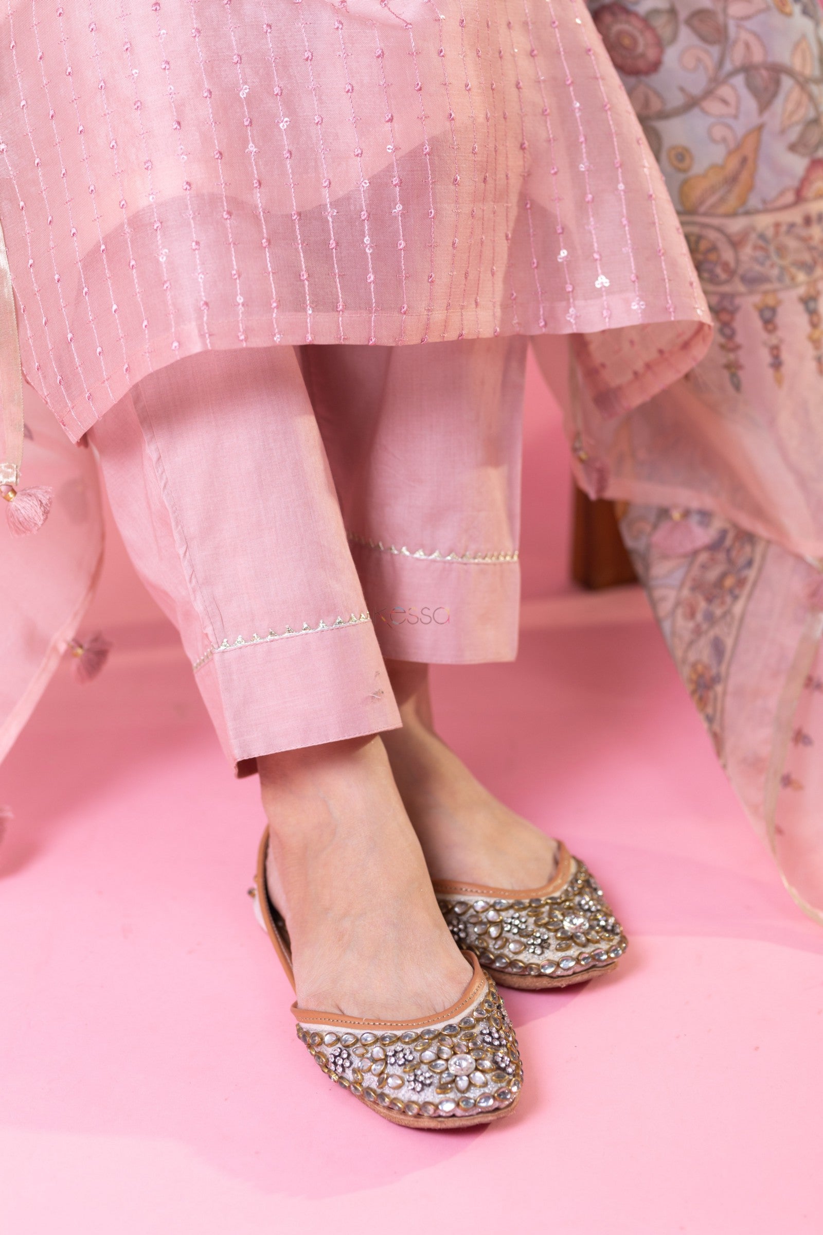 Pink Viscose Chanderi Printed Party Casual Ready Pant Salwar Kameez