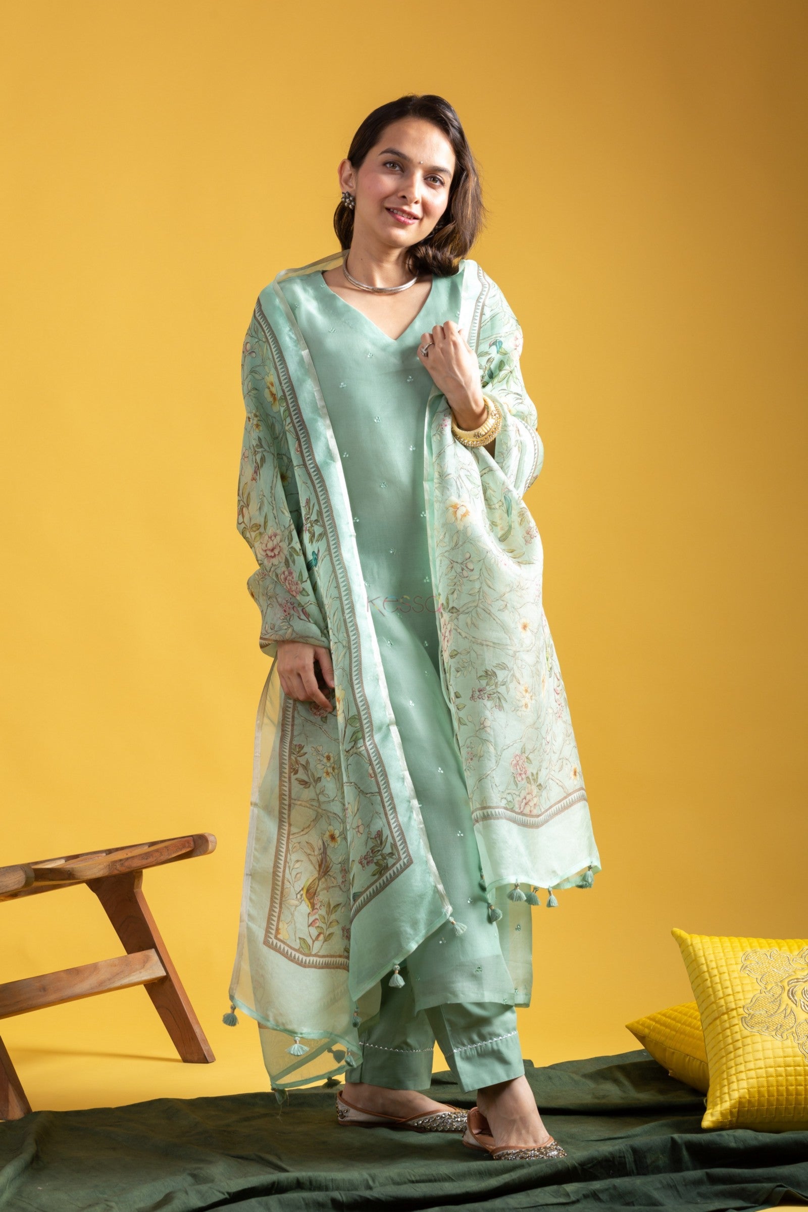 Women's Chanderi Viscose Embroidered A-Line Kurta with Chanderi Viscose Pant and Taby Printed Dupatta Set