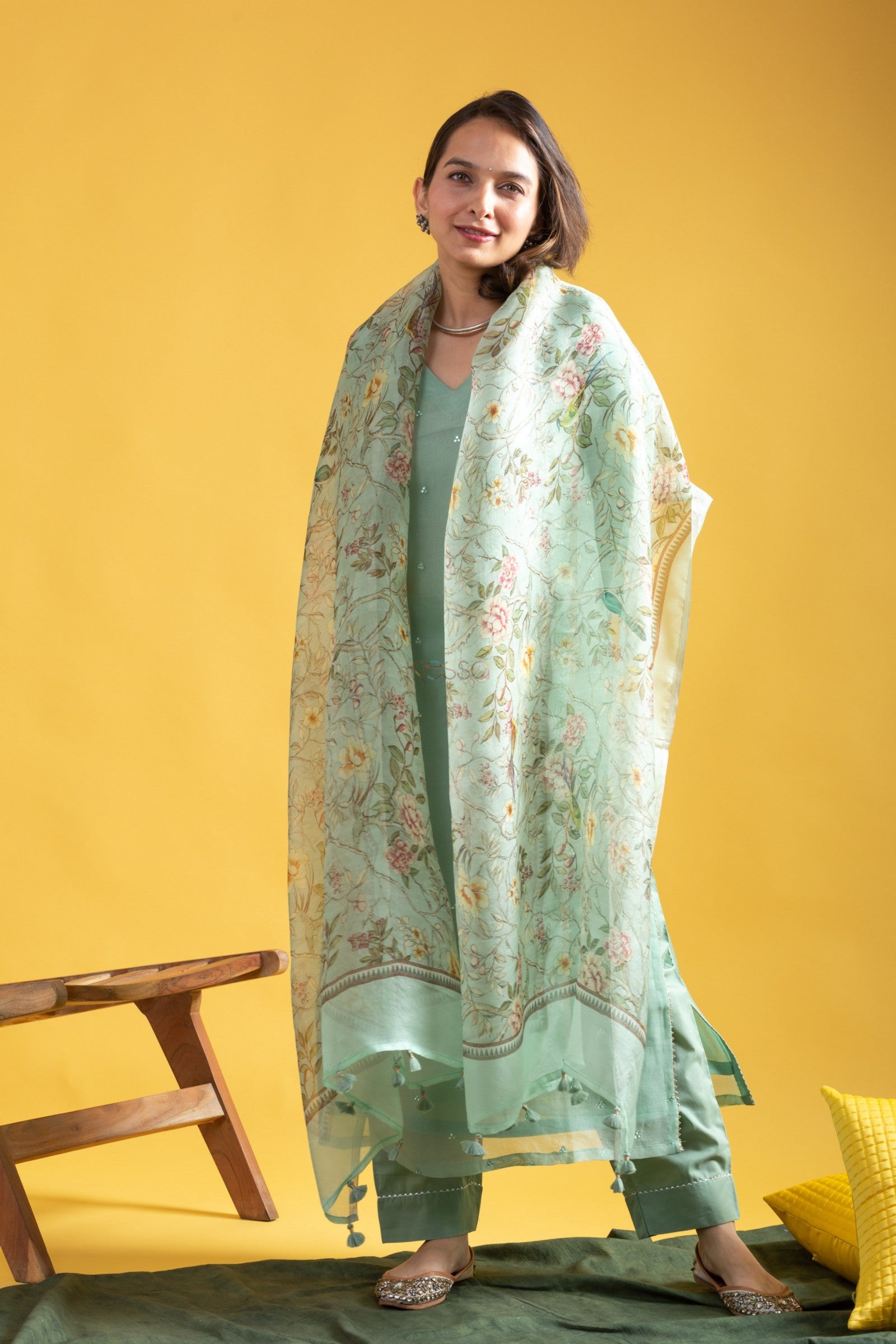 Women's Chanderi Viscose Embroidered A-Line Kurta with Chanderi Viscose Pant and Taby Printed Dupatta Set