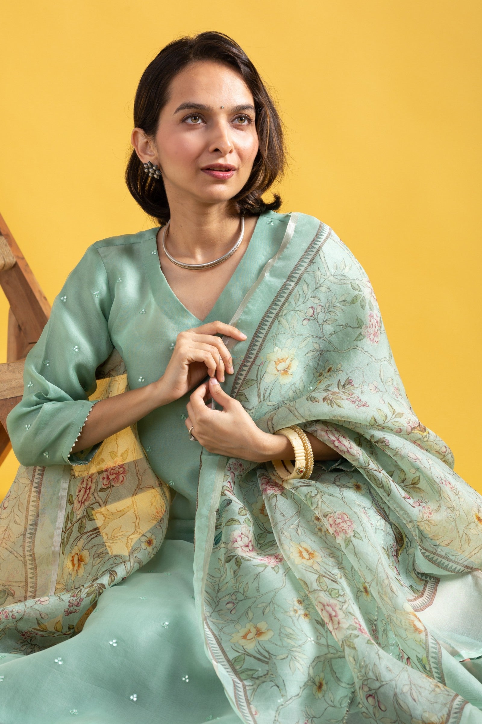 Women's Chanderi Viscose Embroidered A-Line Kurta with Chanderi Viscose Pant and Taby Printed Dupatta Set