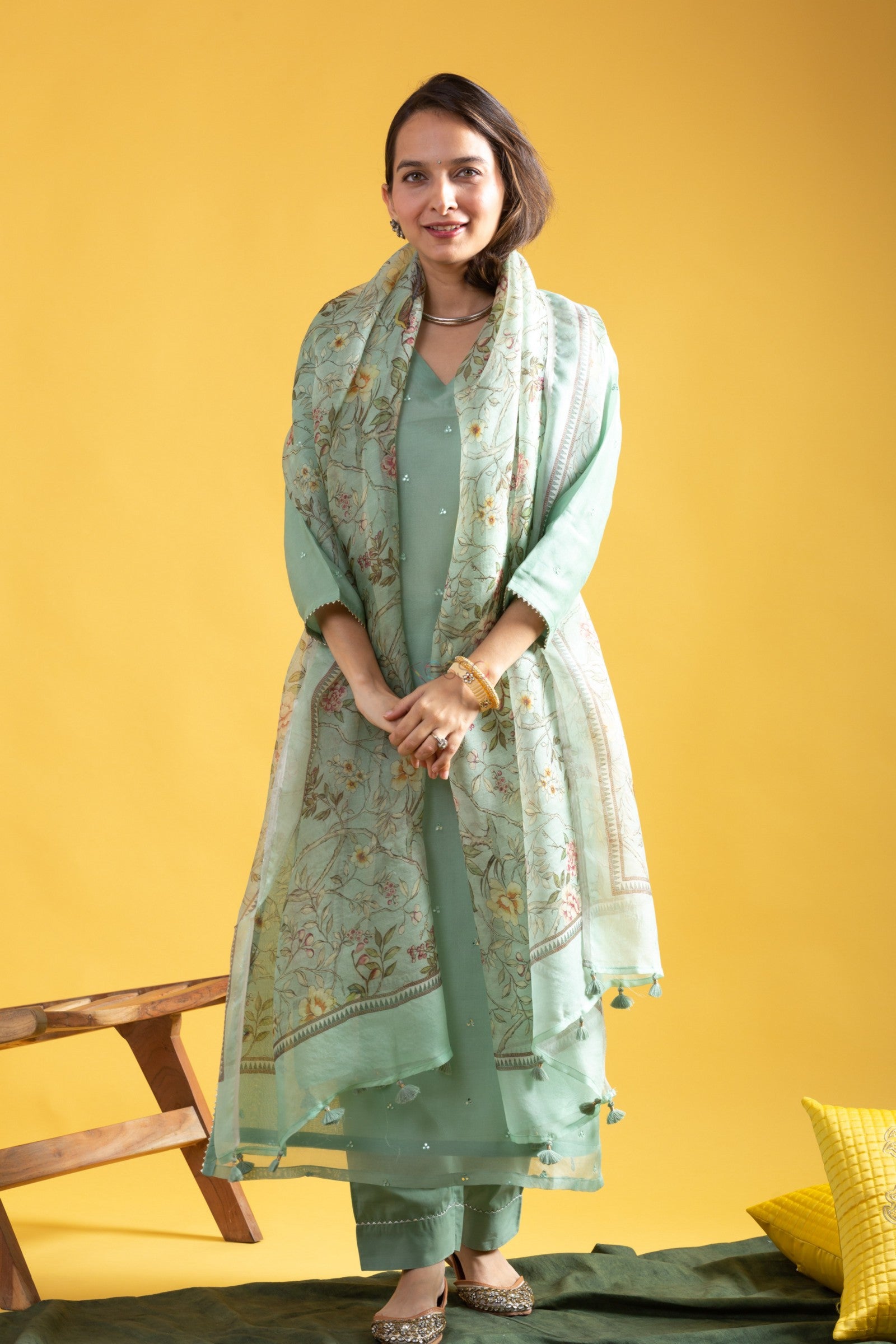 Women's Chanderi Viscose Embroidered A-Line Kurta with Chanderi Viscose Pant and Taby Printed Dupatta Set