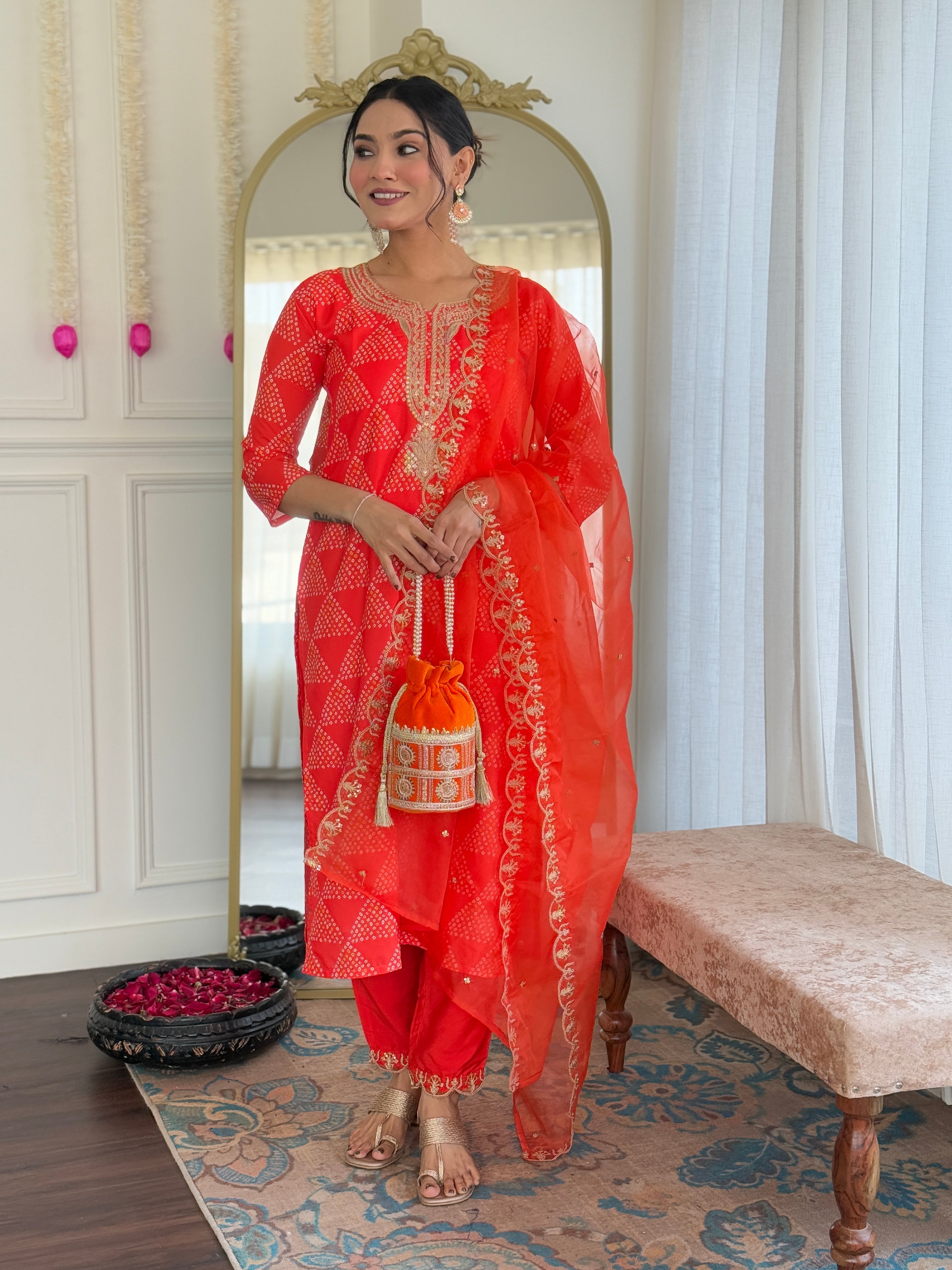 French Crepe Embroidered Kurta Set with Gadhwal Pant & Organza Dupatta