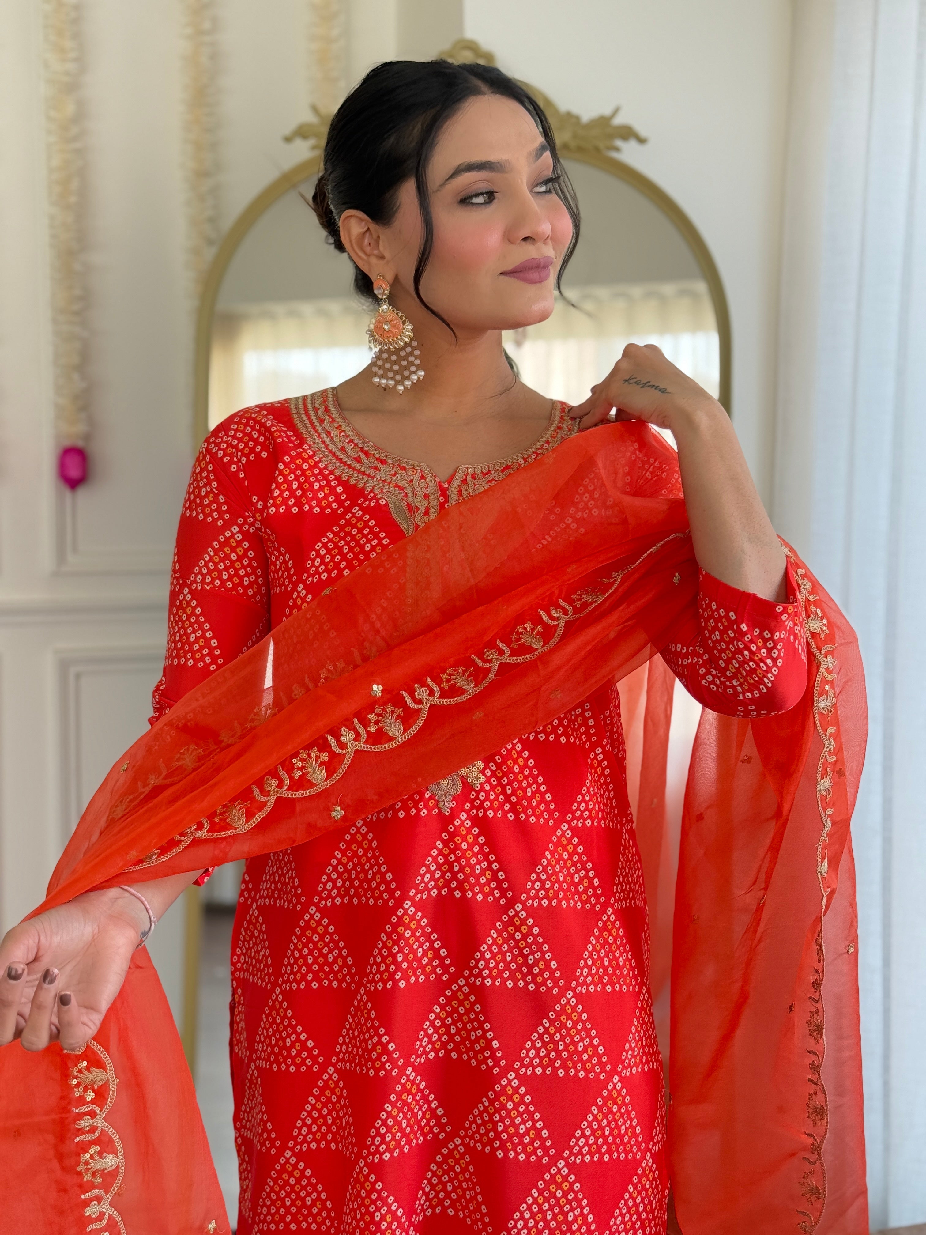 French Crepe Embroidered Kurta Set with Gadhwal Pant & Organza Dupatta