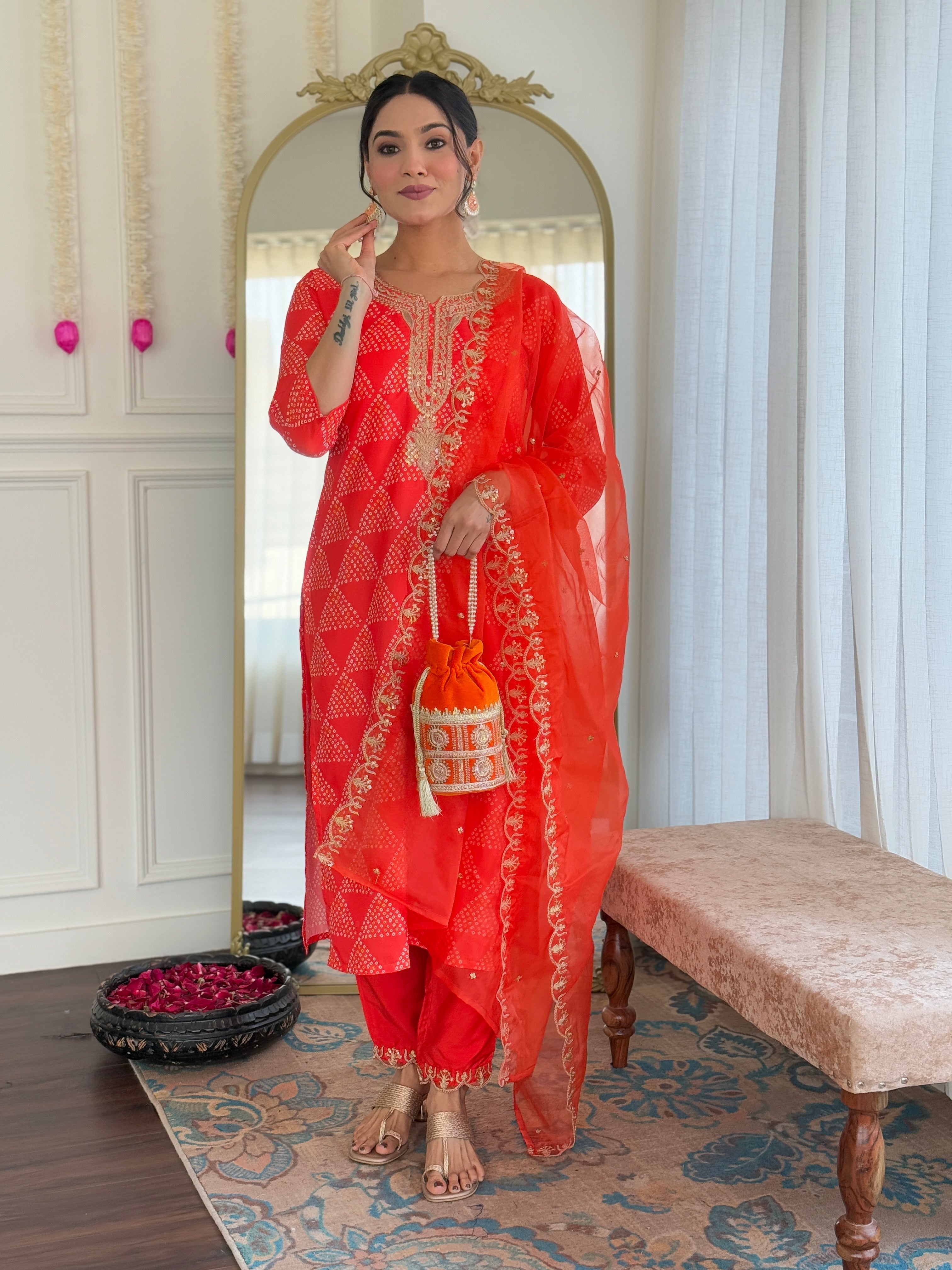 French Crepe Embroidered Kurta Set with Gadhwal Pant & Organza Dupatta