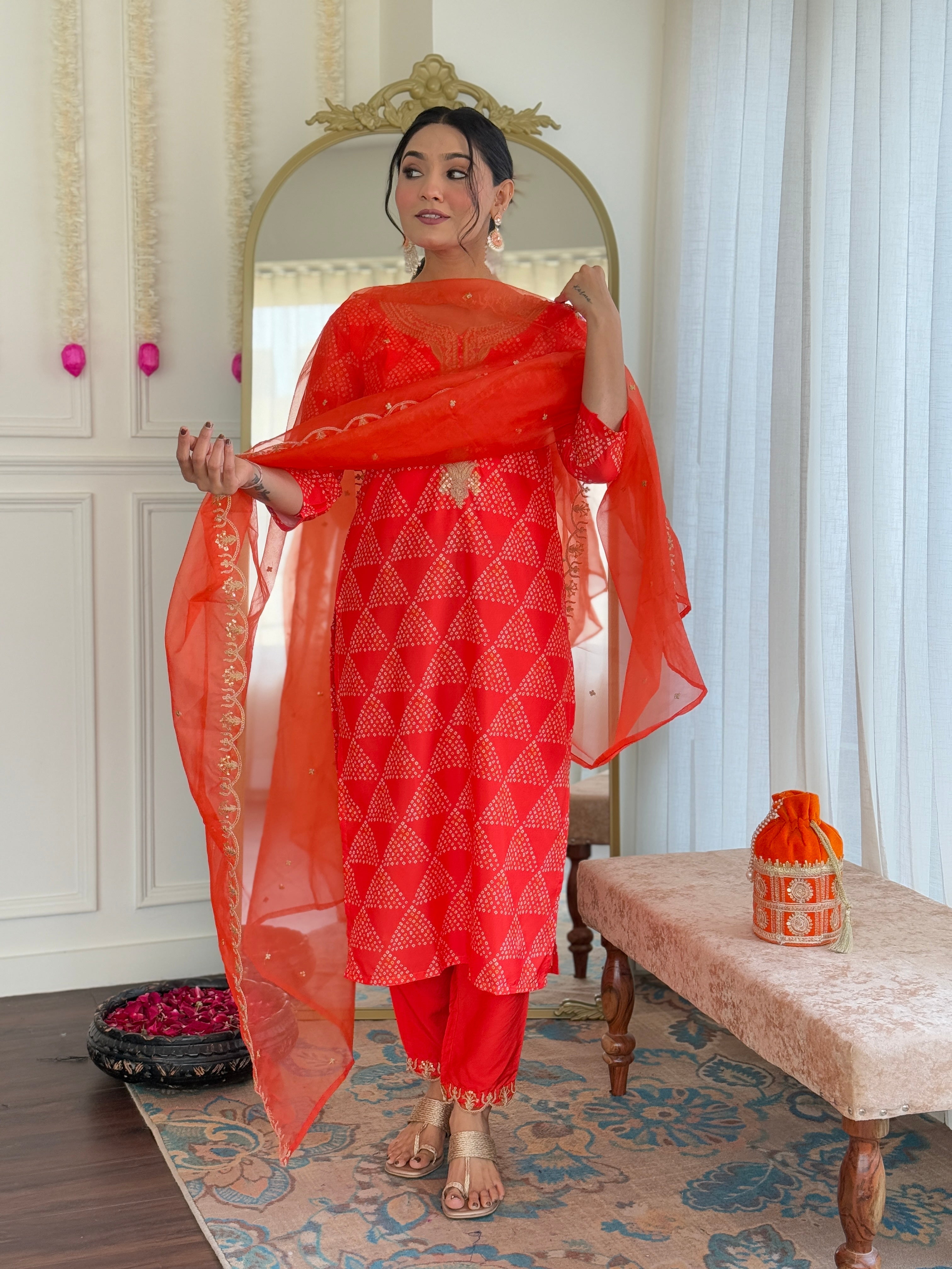 French Crepe Embroidered Kurta Set with Gadhwal Pant & Organza Dupatta