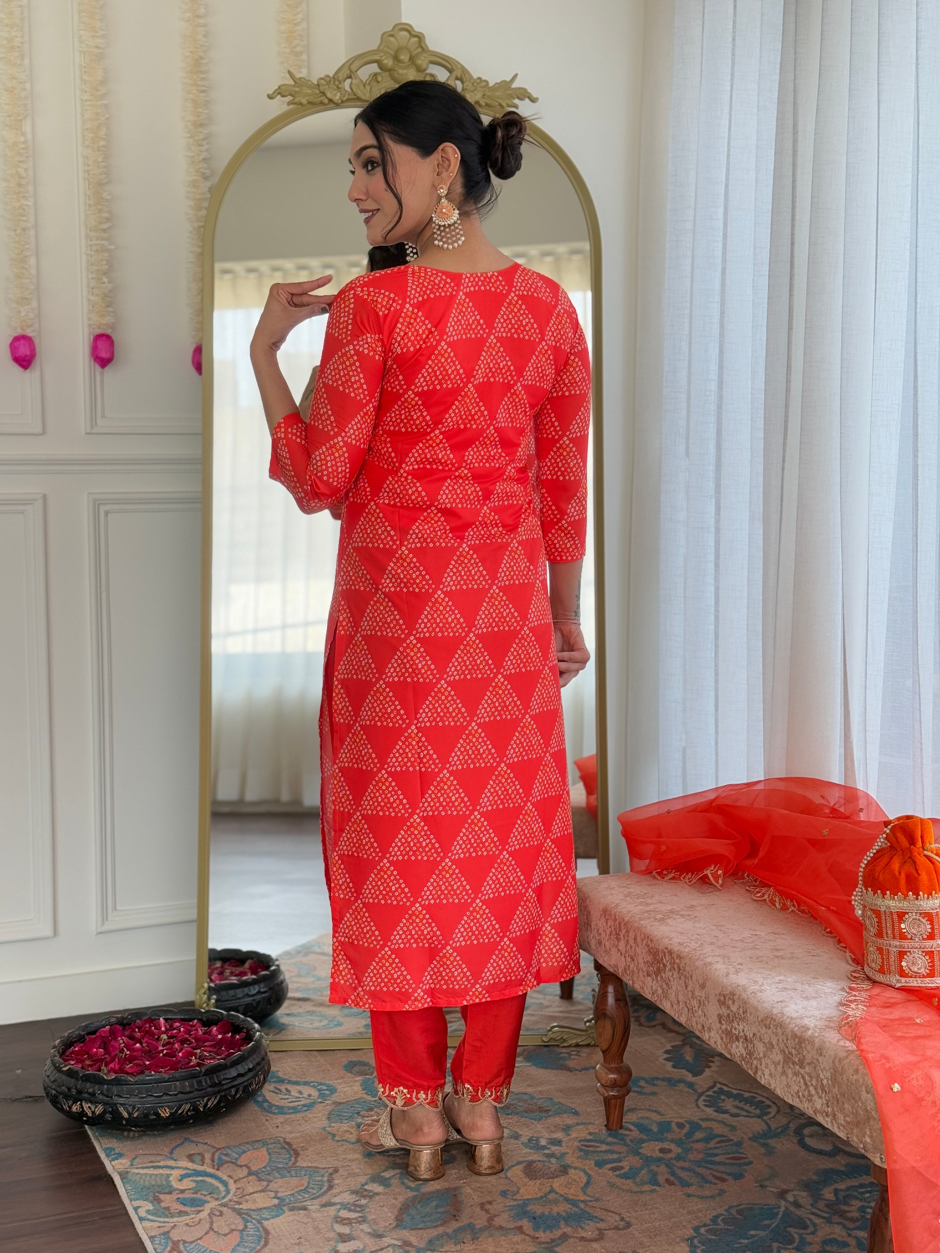 French Crepe Embroidered Kurta Set with Gadhwal Pant & Organza Dupatta