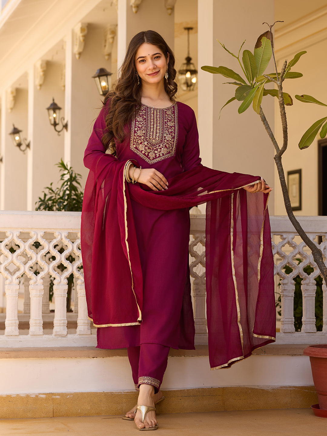 Embroidered Rayon Kurti & Pant Set with Chinon Dupatta