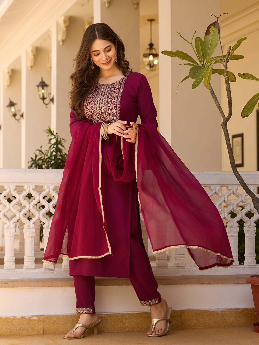 Embroidered Rayon Kurti & Pant Set with Chinon Dupatta
