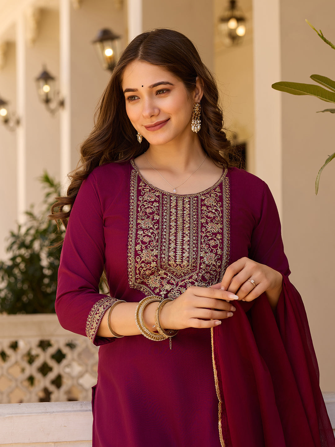 Embroidered Rayon Kurti & Pant Set with Chinon Dupatta