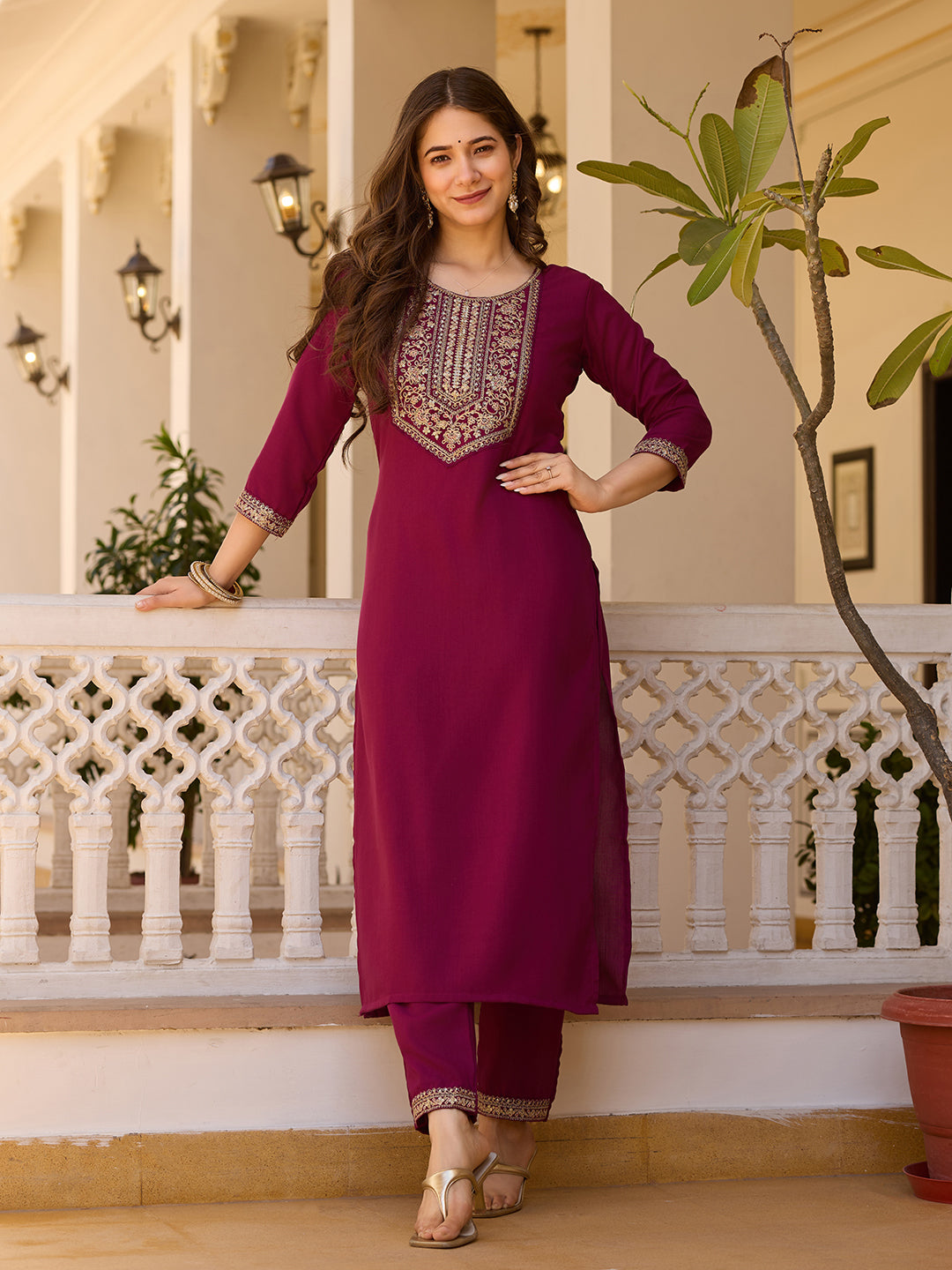 Embroidered Rayon Kurti & Pant Set with Chinon Dupatta