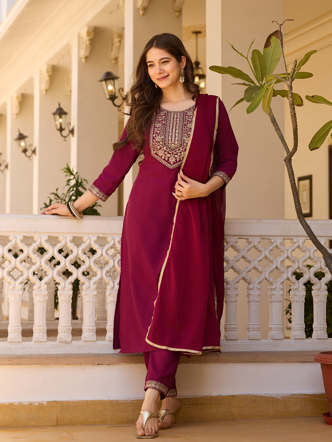 Embroidered Rayon Kurti & Pant Set with Chinon Dupatta