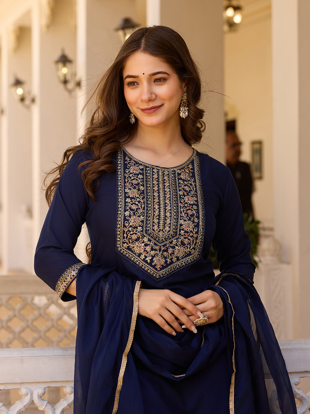 Embroidered Rayon Kurti & Pant Set with Chinon Dupatta