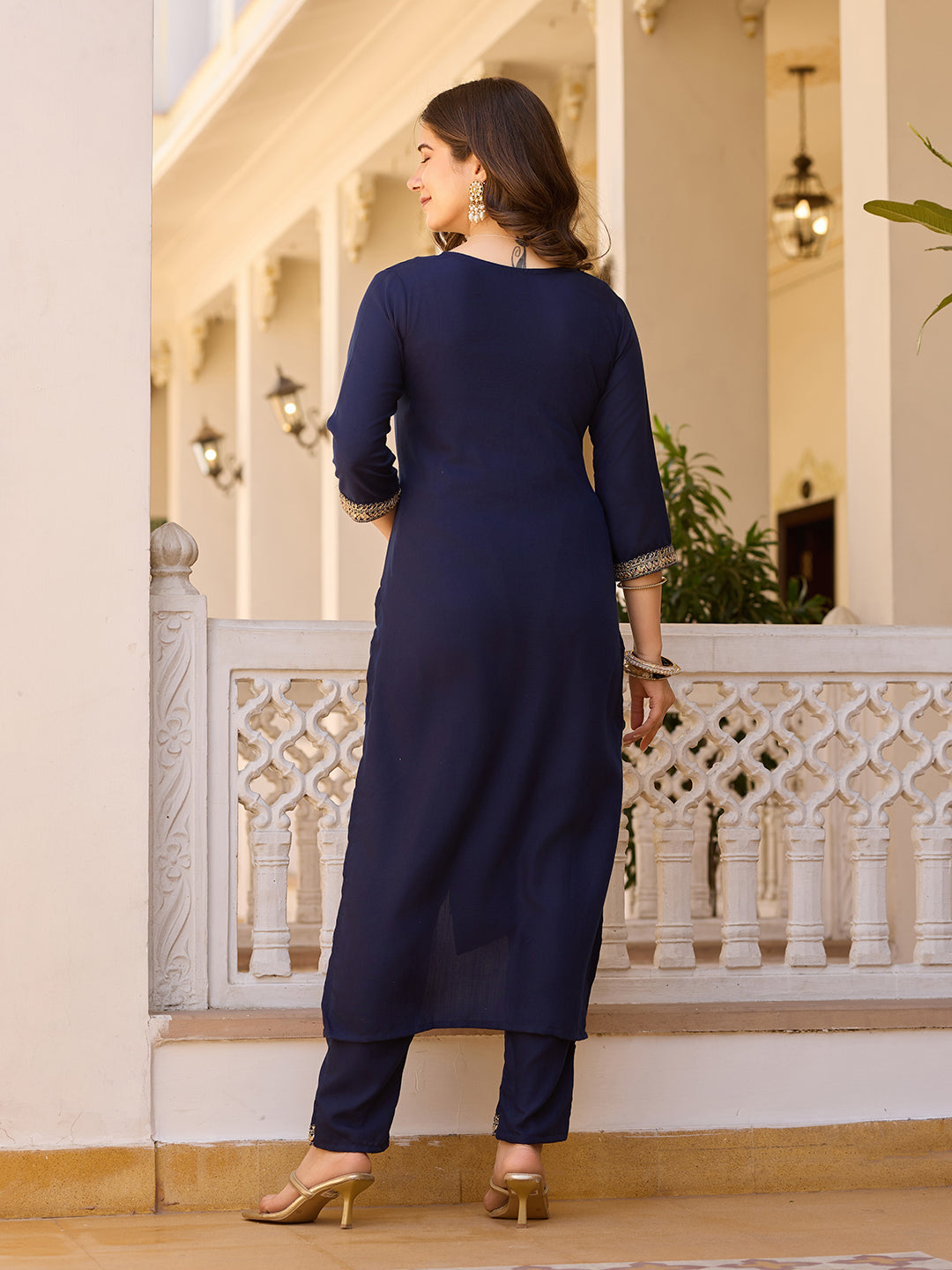 Embroidered Rayon Kurti & Pant Set with Chinon Dupatta
