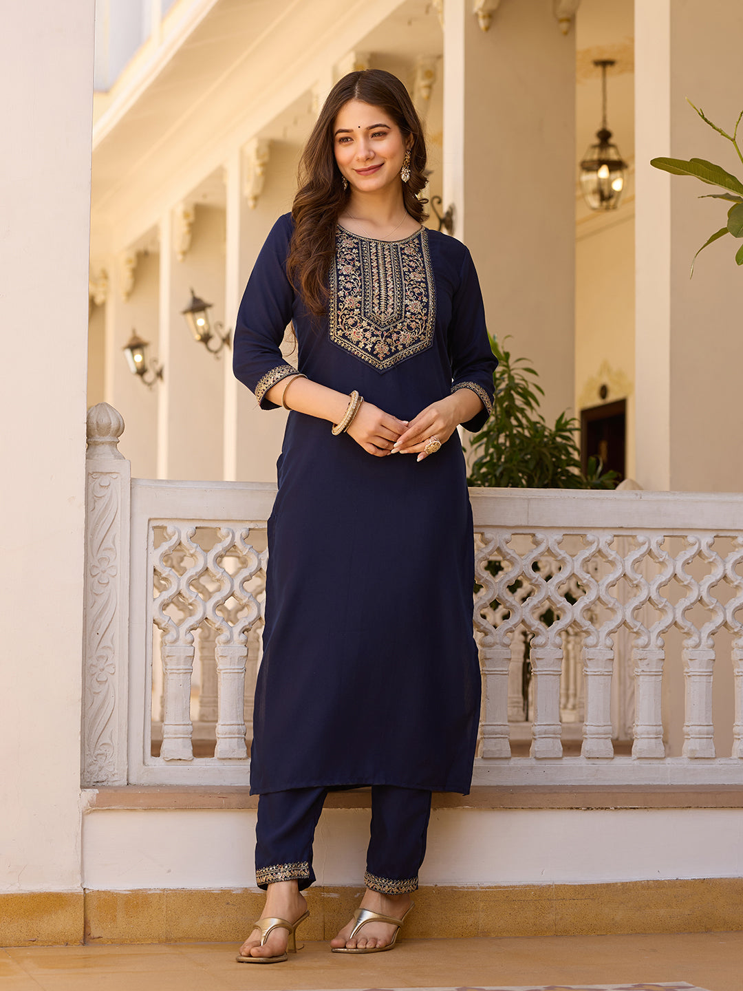 Embroidered Rayon Kurti & Pant Set with Chinon Dupatta