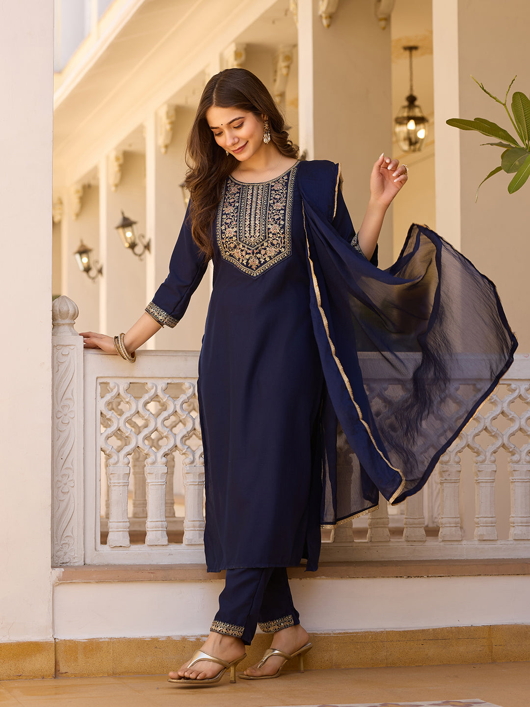 Embroidered Rayon Kurti & Pant Set with Chinon Dupatta