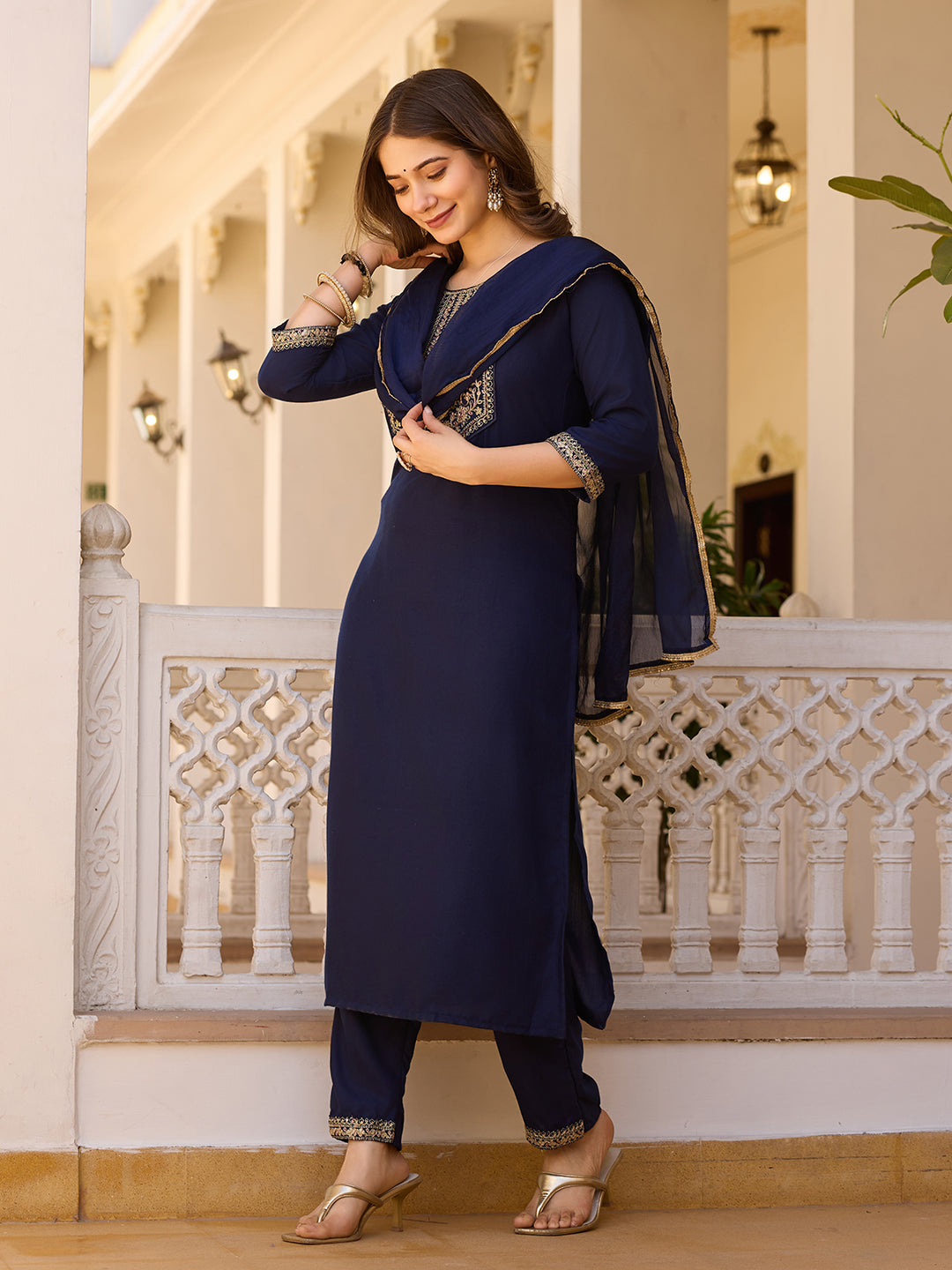 Embroidered Rayon Kurti & Pant Set with Chinon Dupatta
