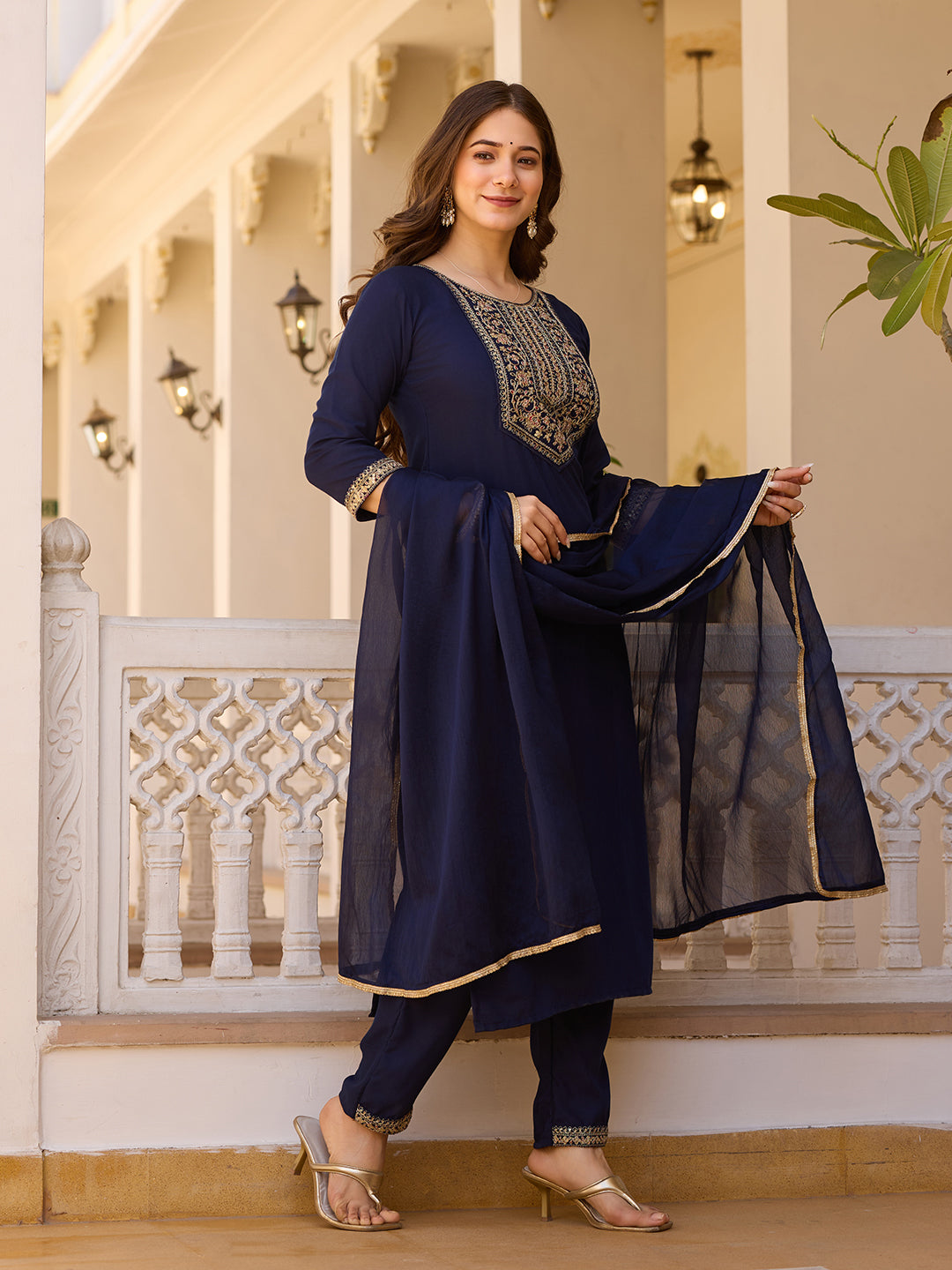 Embroidered Rayon Kurti & Pant Set with Chinon Dupatta