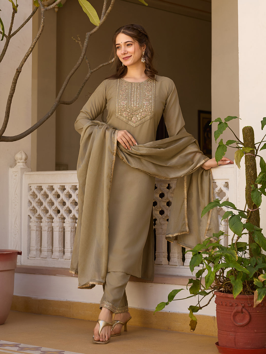 Embroidered Rayon Kurti & Pant Set with Chinon Dupatta