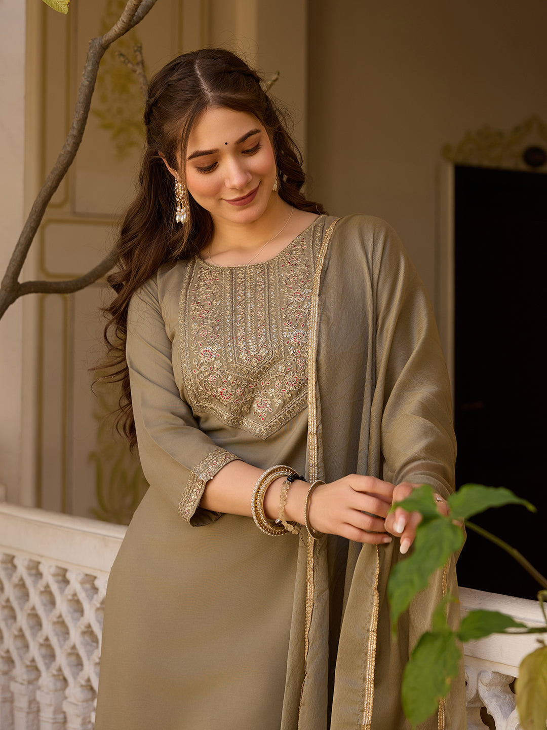 Embroidered Rayon Kurti & Pant Set with Chinon Dupatta