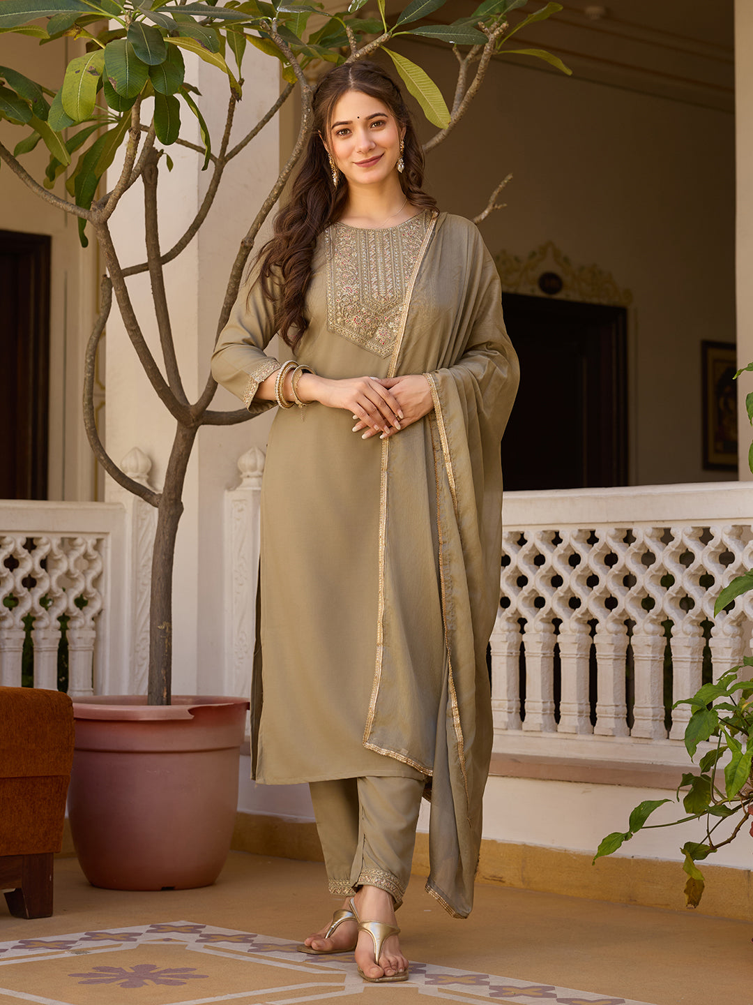 Embroidered Rayon Kurti & Pant Set with Chinon Dupatta