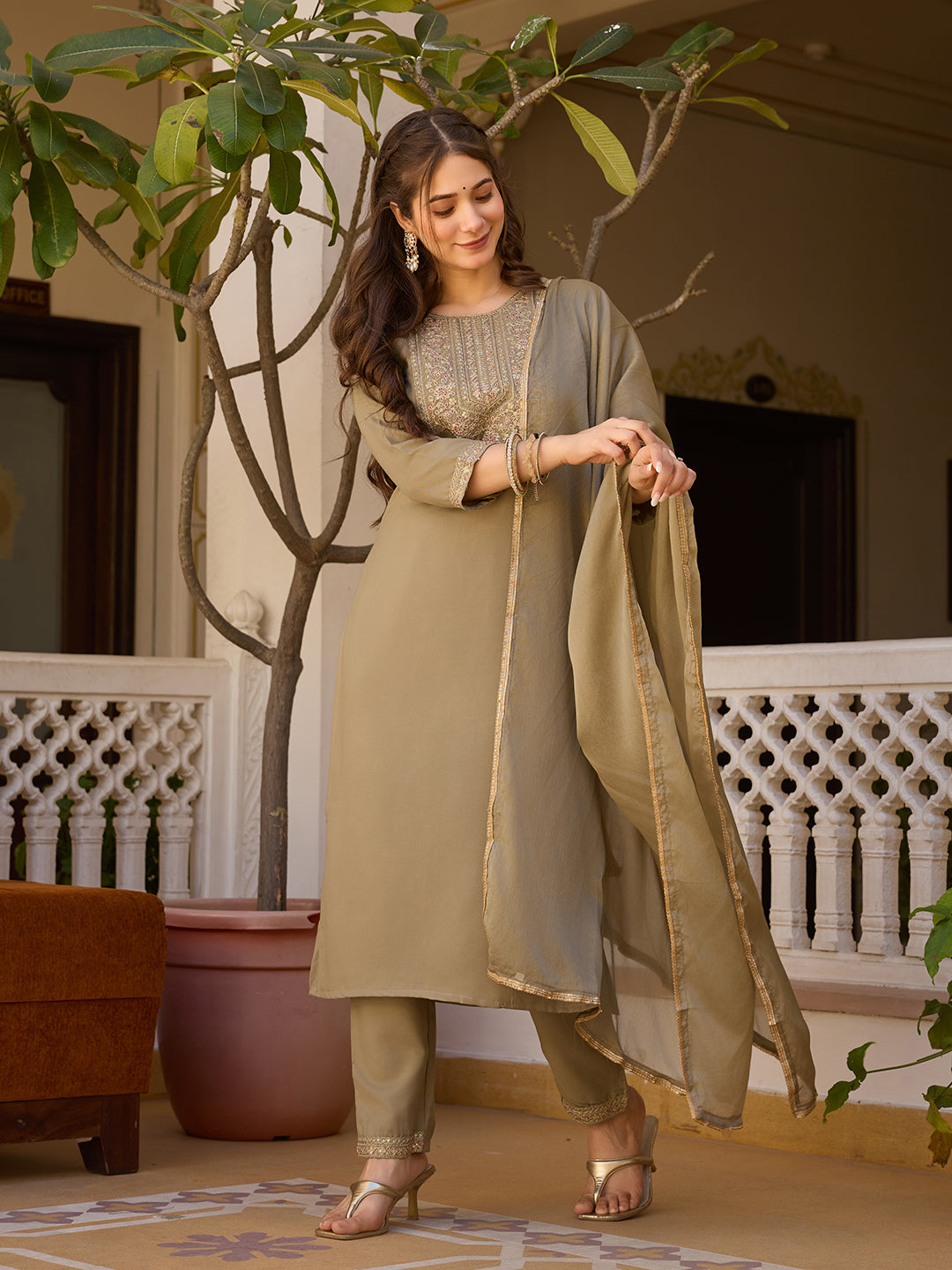 Embroidered Rayon Kurti & Pant Set with Chinon Dupatta