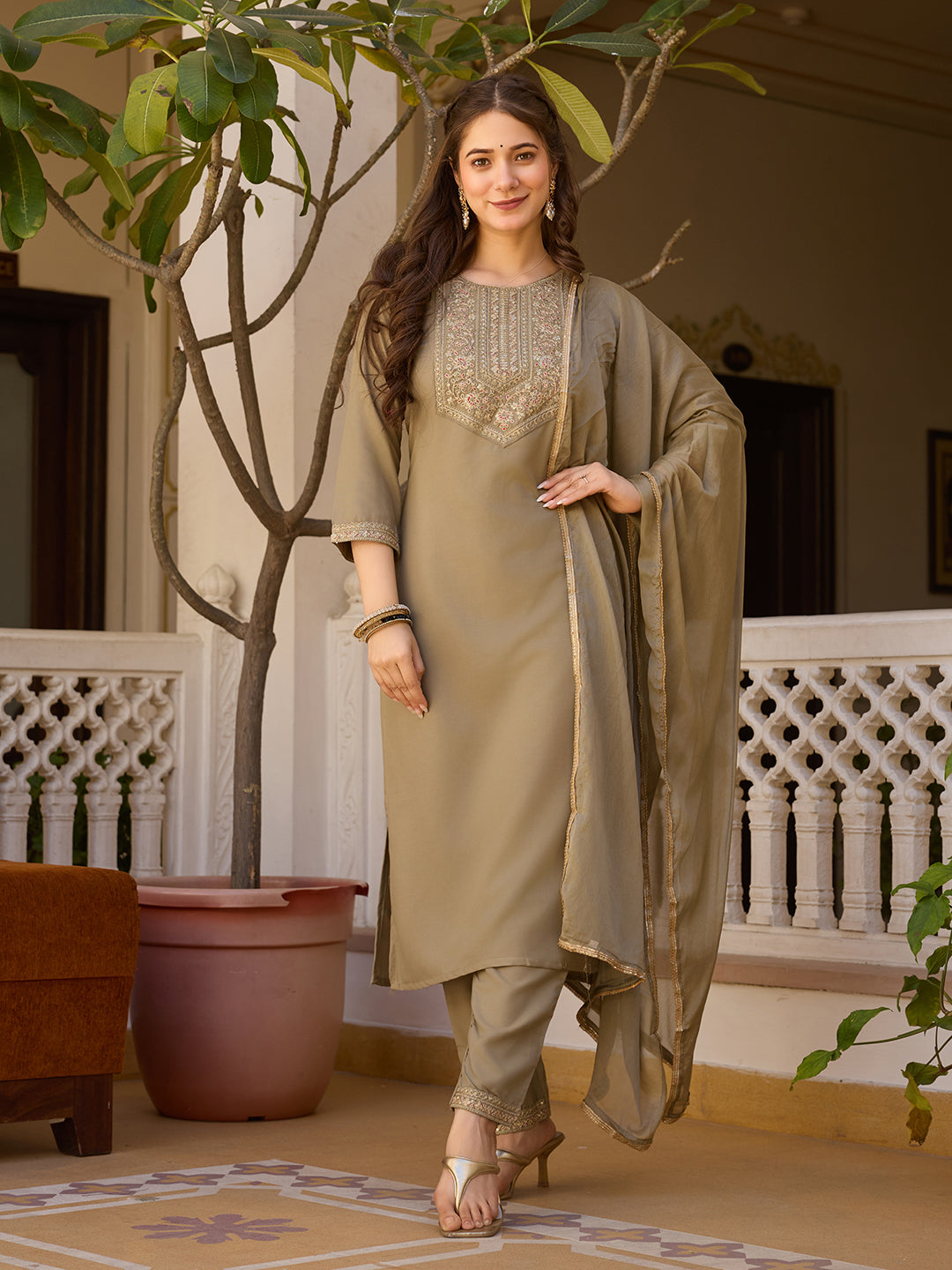 Embroidered Rayon Kurti & Pant Set with Chinon Dupatta