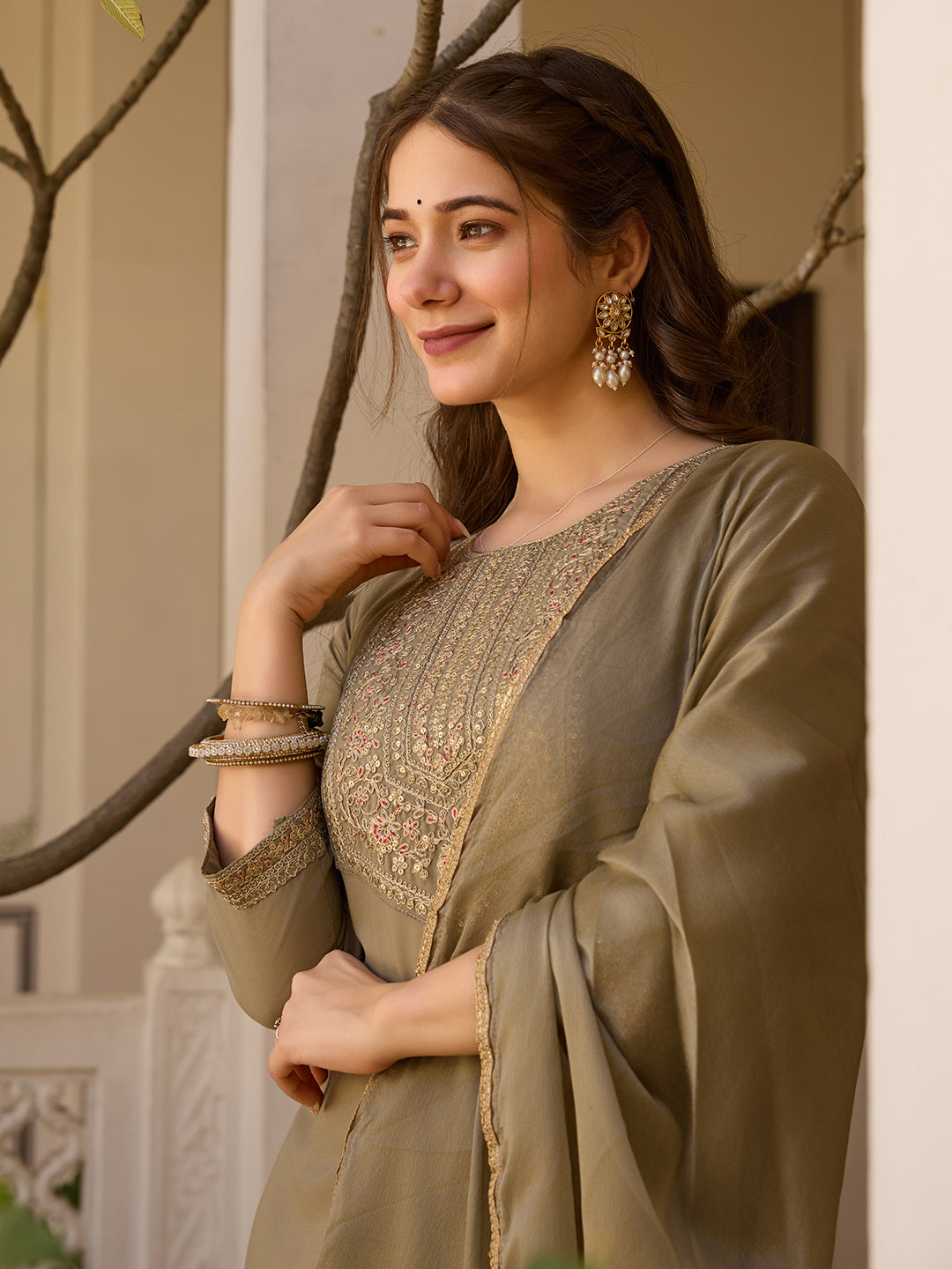 Embroidered Rayon Kurti & Pant Set with Chinon Dupatta