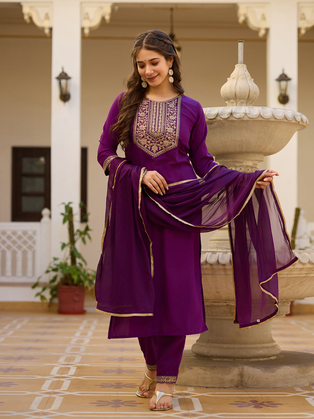 Embroidered Rayon Kurti & Pant Set with Chinon Dupatta